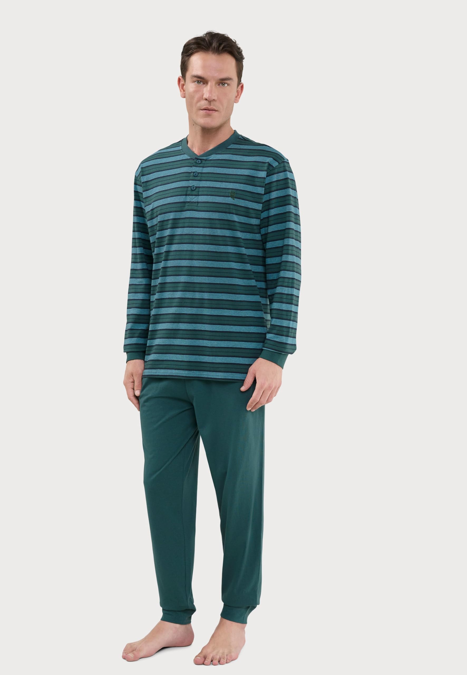 El Búho Nocturno Pigiama Uomo Cotone Lungo Leggero - 100% o Mistura - Intero Manica Lunga Maglia Righe Tasche - Set Due Pezzi Notte Casa Autunno Mezza Stagione, 96% Cotone, 4% Vis., Verde 5595, M