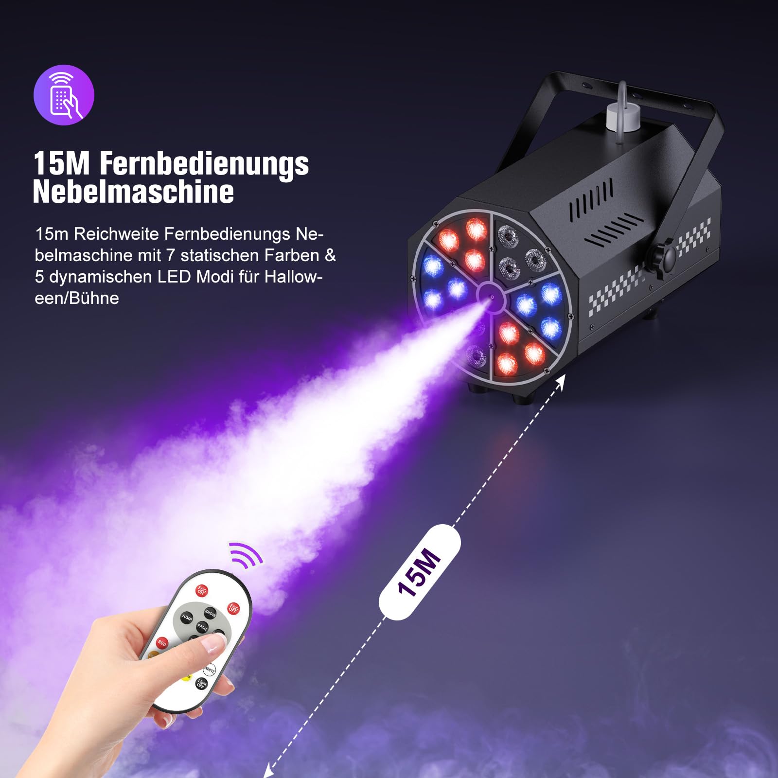 Machine à fumée, 18 LED RVB avec télécommande, LED lumineuses, dégradé de couleurs, saut, impulsion, stroboscope, pour fêtes, Noël, Halloween, DJ, scènes et extérieur