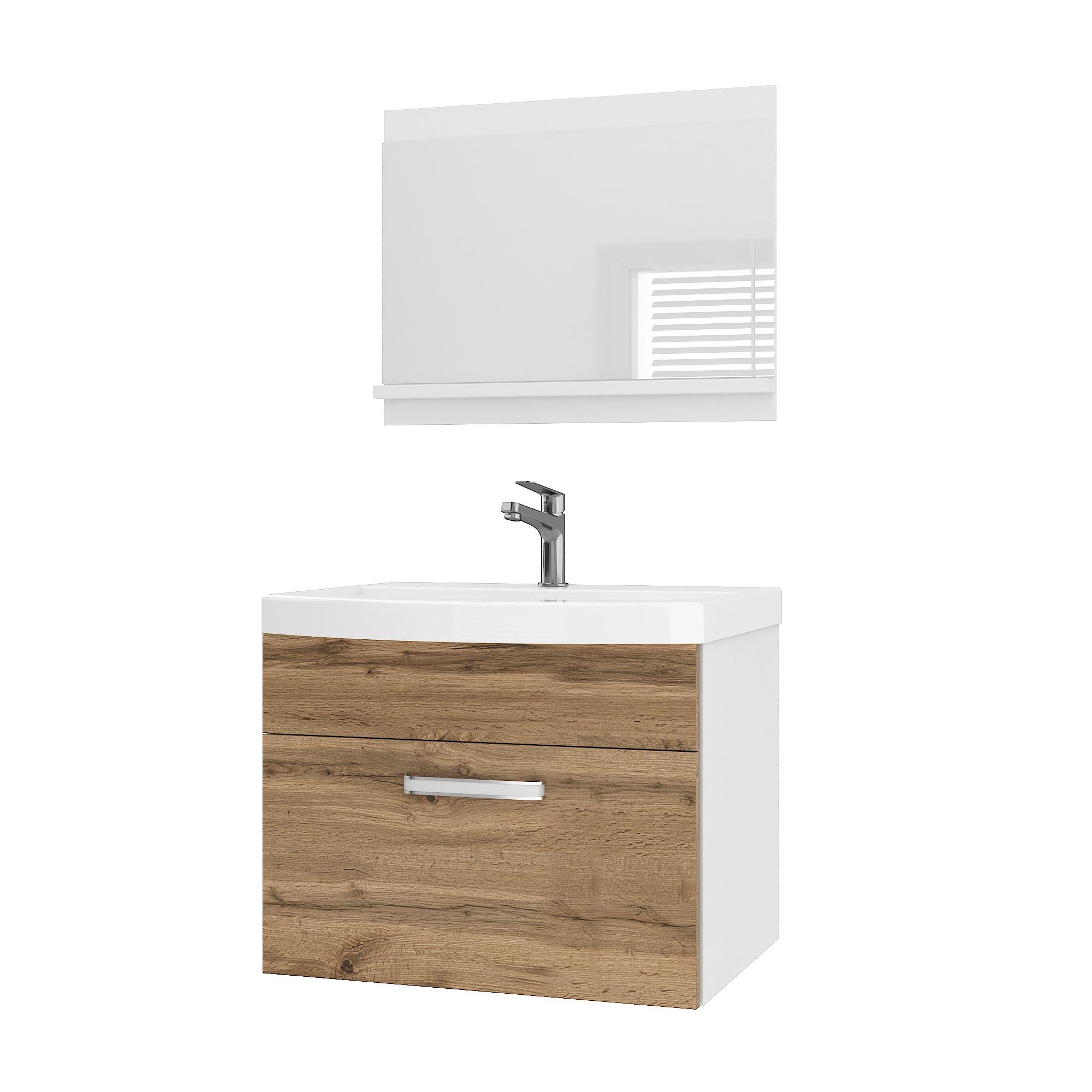 Belini PRIM1 Szafka pod umywalkę łazienkową 60cm Dąb Wotan | Meble łazienkowe Dąb Wotan, montaż ścienny, mechanizm soft-close, panel drewniany FSC, umywalka i lustro w zestawie