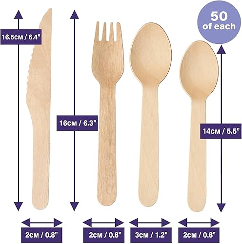 Miniatura 3 de MATANA Juego de 200 cubiertos de madera desechables 100% naturales (50 tenedores, 50 cuchillos, 50 cucharas, 50 cucharas de postre) cubiertos