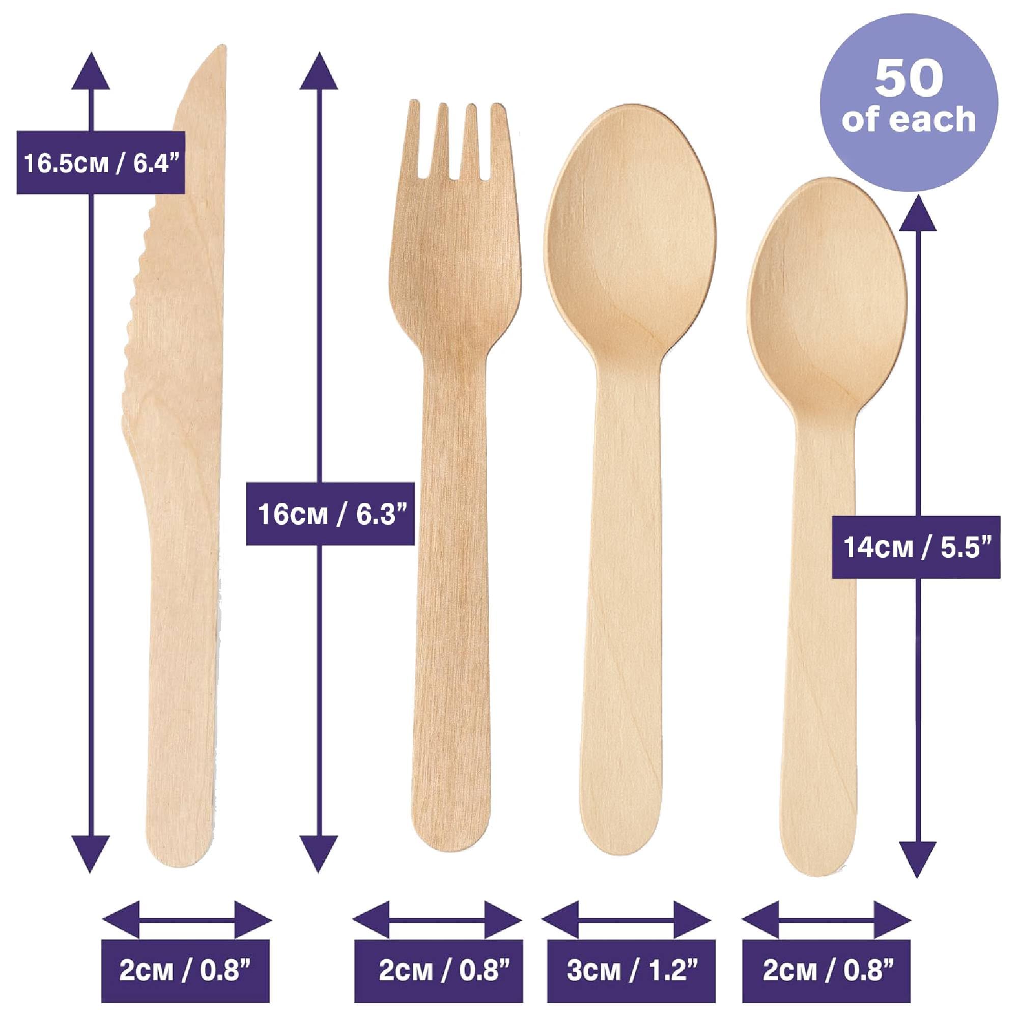 MATANA 200 Posate in Legno Usa e Getta - 50 Coltelli, 50 Forchette, 50 Cucchiai, 50 Cucchiaini - Senza Plastica, Ecologico, 100% Legno Naturale - Feste, Picnic, BBQ, Catering