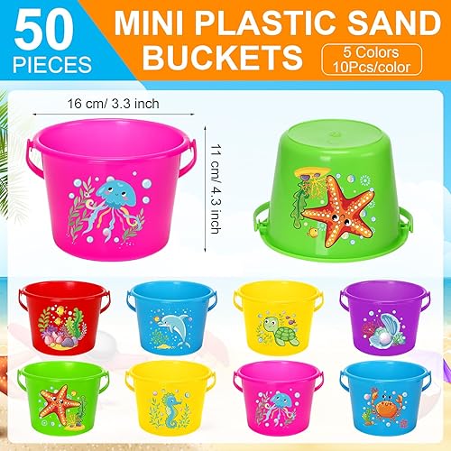 Miniatura 2 de Leitee 50 piezas de mini cubo de arena de plástico para niños de 6.3 pulgadas, pequeño cubo de playa de colores, herramientas de construcción para
