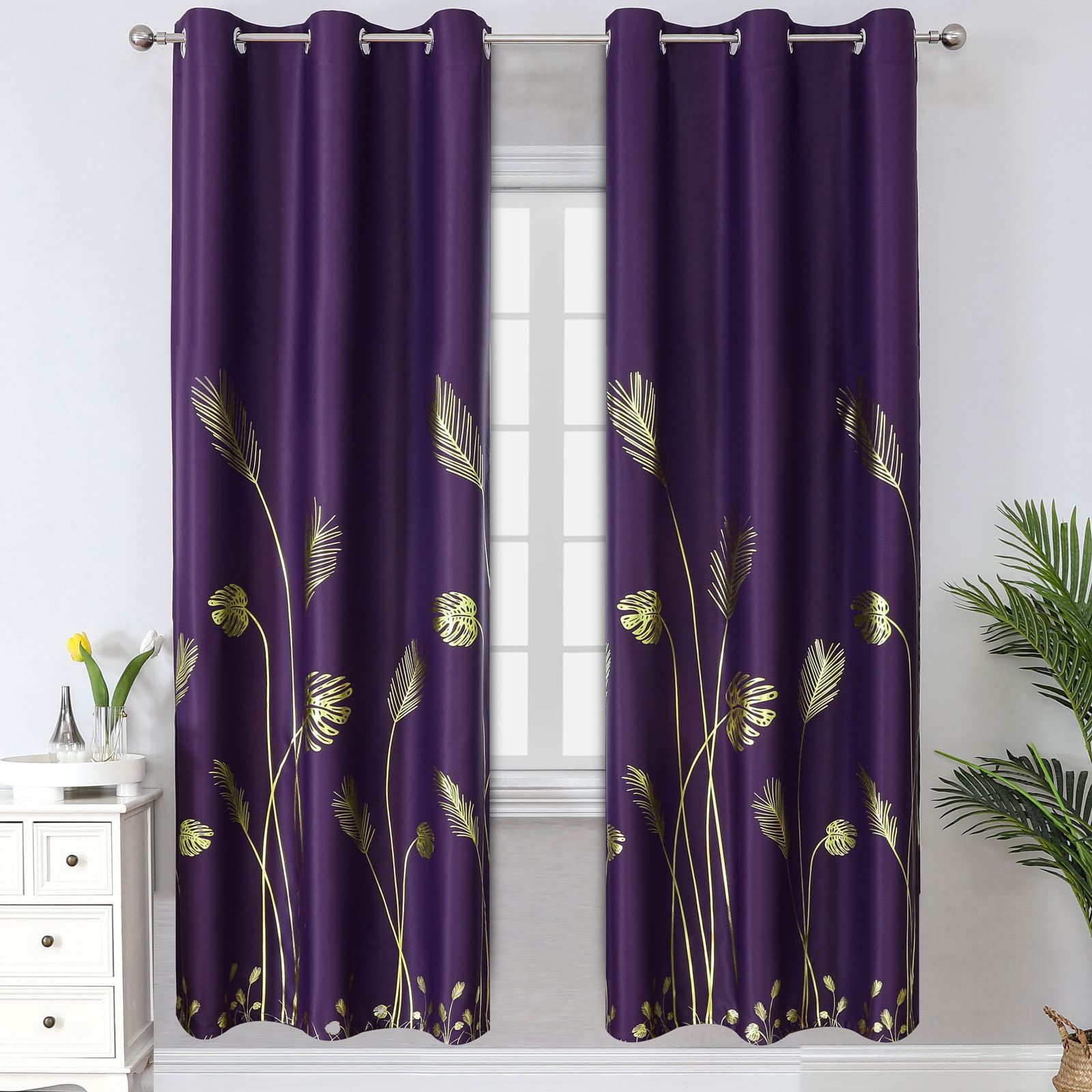 Estelar Textiler Purple Blackout Curtains for Bedroom, Room Darkening Gold Palm Tree Pattern Curtains 72 Inches Long, Light Blocking Thermal Insulated Window Drapes for Living Room, 38Wx72L, 2 Panels