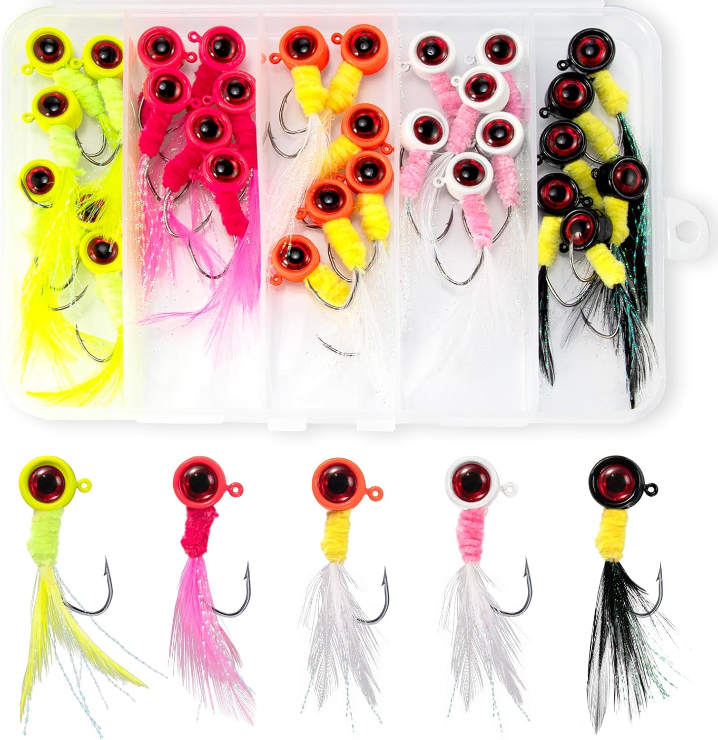 Alwonder 30-Pack Crappie Jigs Marabou Hair Ice Fishing Jigs Heads Crappie Trout Panfish Lures Hand-Tied Feather Jig Head Hooks for Bass Sunfish Walleye Bluegill 1/32oz 1/16oz 1/8oz 3/16oz 1/4oz