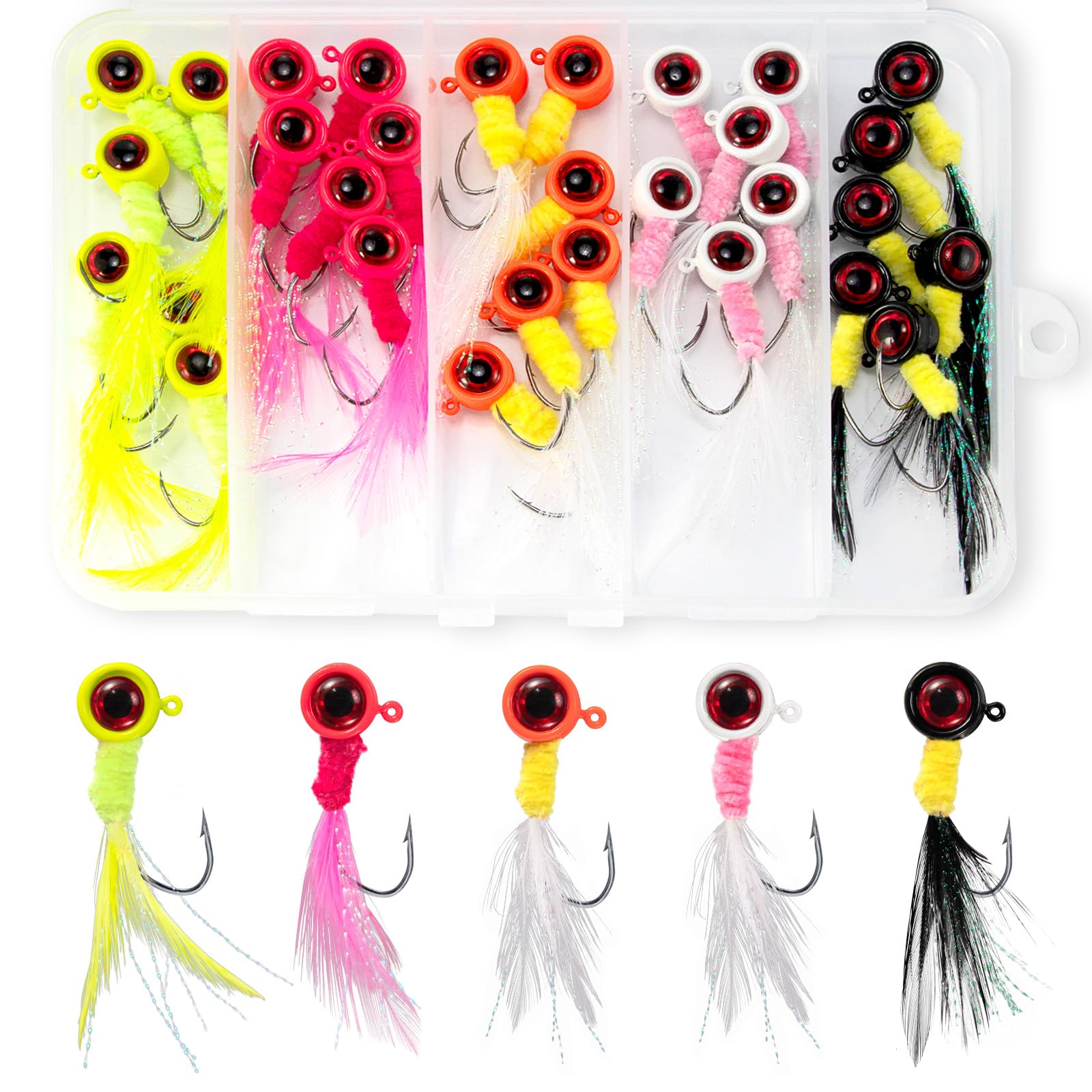 Alwonder 30-Pack Crappie Jigs Marabou Hair Ice Fishing Jigs Heads Crappie Trout Panfish Lures Hand-Tied Feather Jig Head Hooks for Bass Sunfish Walleye Bluegill 1/32oz 1/16oz 1/8oz 3/16oz 1/4oz