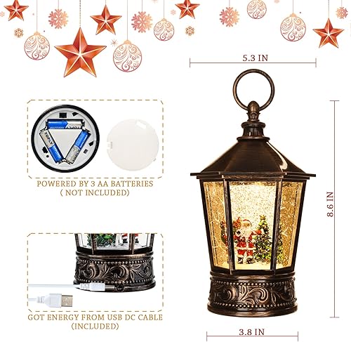 Miniatura 6 de Linterna de Navidad, globo de nieve, linterna de agua con música y Papá Noel, USB o funciona con pilas, linternas intermitentes giratorias,