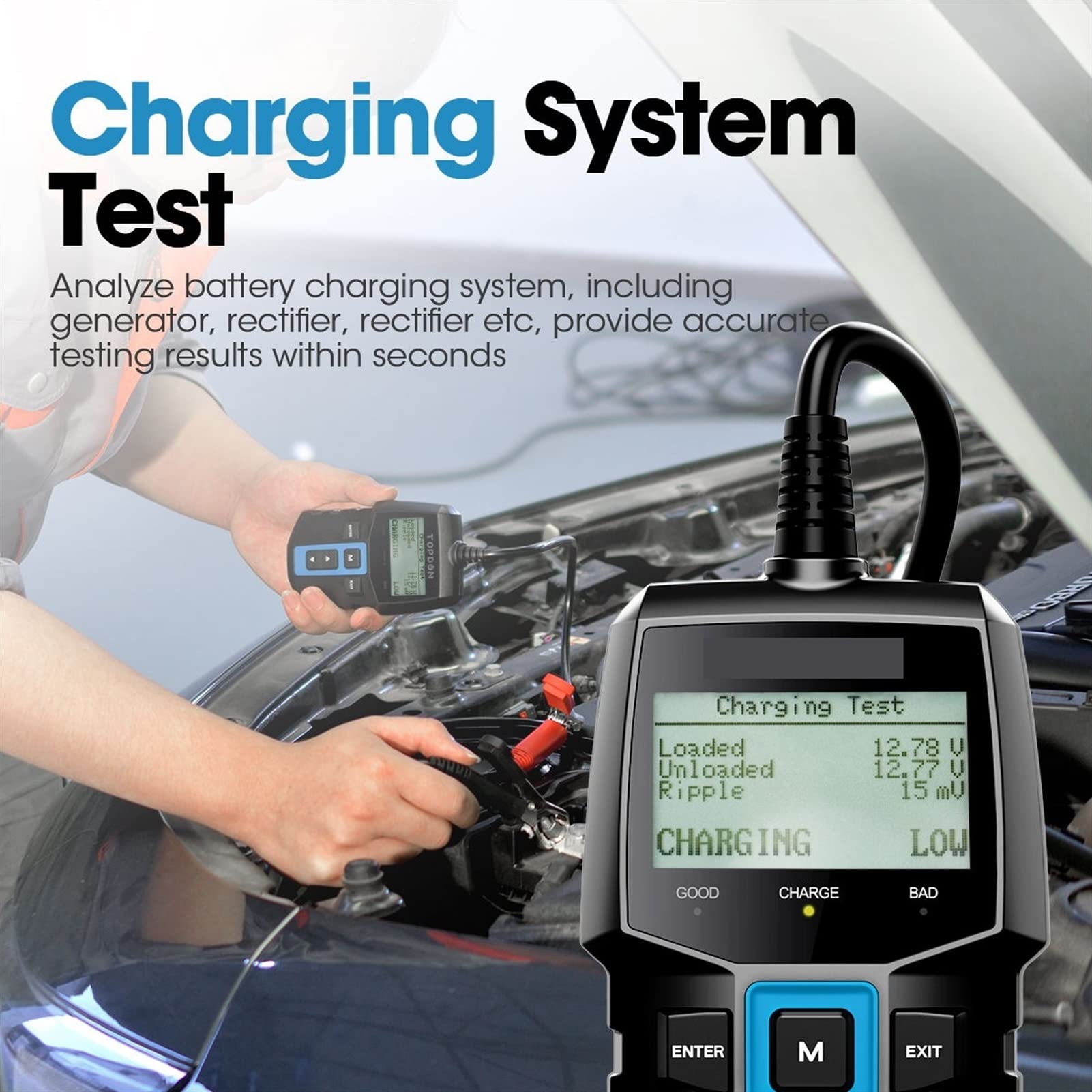 Probador de batería, BT100 Analizador del cargador probador de batería coche 1 2V 2000cca Testamento la prueba voltaje que carga las herramientas