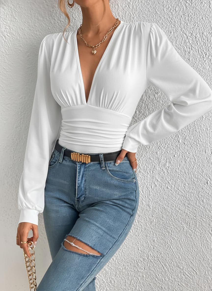 LIGHT DOT Women's Long Sleeve Bodysuit Blouse Tops V Neck Dressy Going Out Leotard Shirts