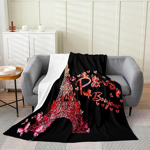 Miniatura 8 de Feelyou Manta de felpa de la Torre Eiffel, torre pastel púrpura para todas las estaciones, juego de manta de cama para paisaje de París, manta de