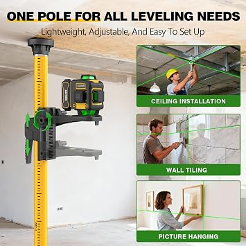 Alloyman 4x360Self Leveling Laser Level, 12 Ft./3.7M Professional Laser Level Pole with Tripod, Green Line Lazer Leveler Tool with 2* Li-ion Batteries for Picture Hanging, Tile, Home Renovation
