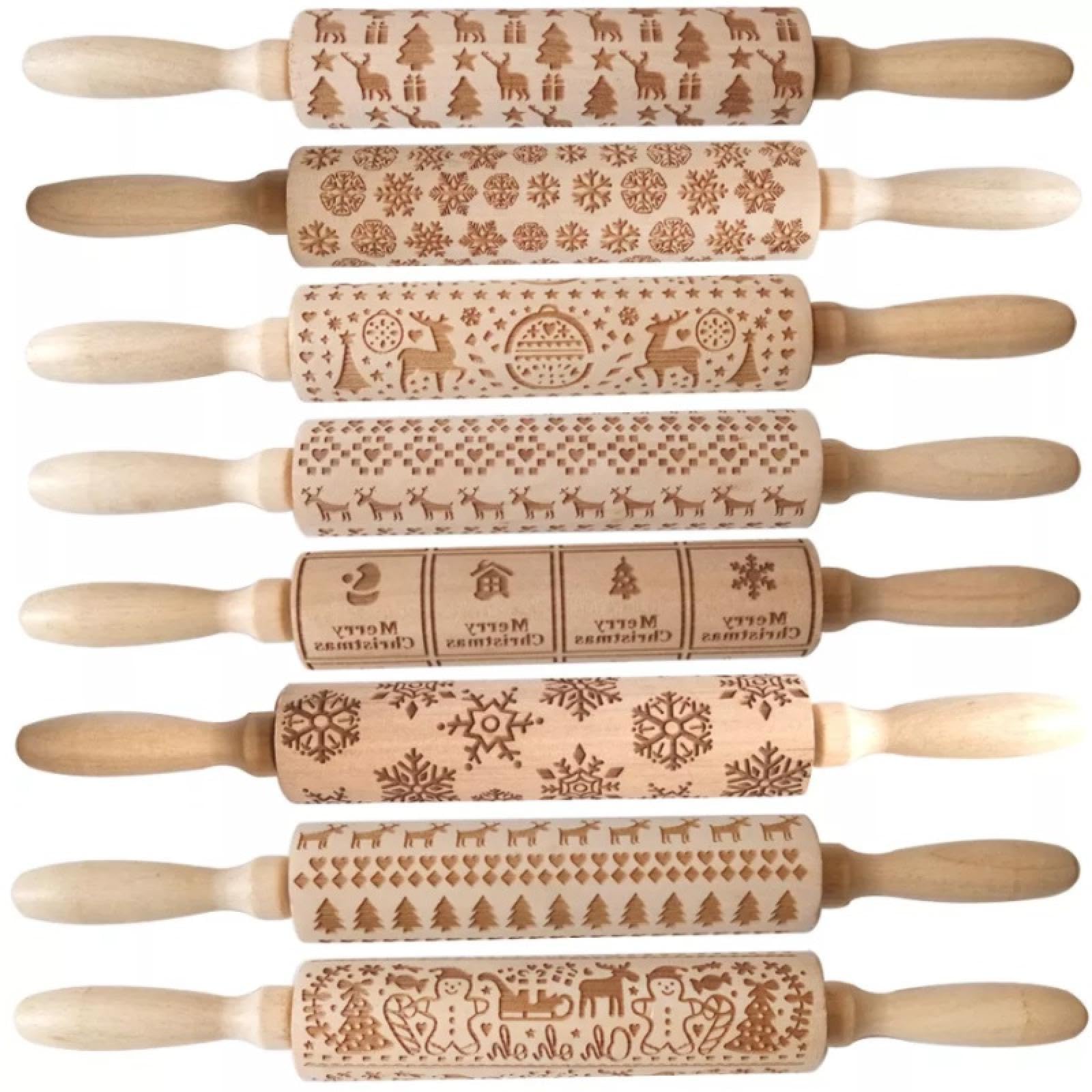 Hornear galletas con relieve,Rodillos con relieve Rodillo de madera con impresión navideña, rodillo tallado de madera en relieve, alce, copo de nieve, árbol de Navidad, muñeco de nieve, galleta(Chocol