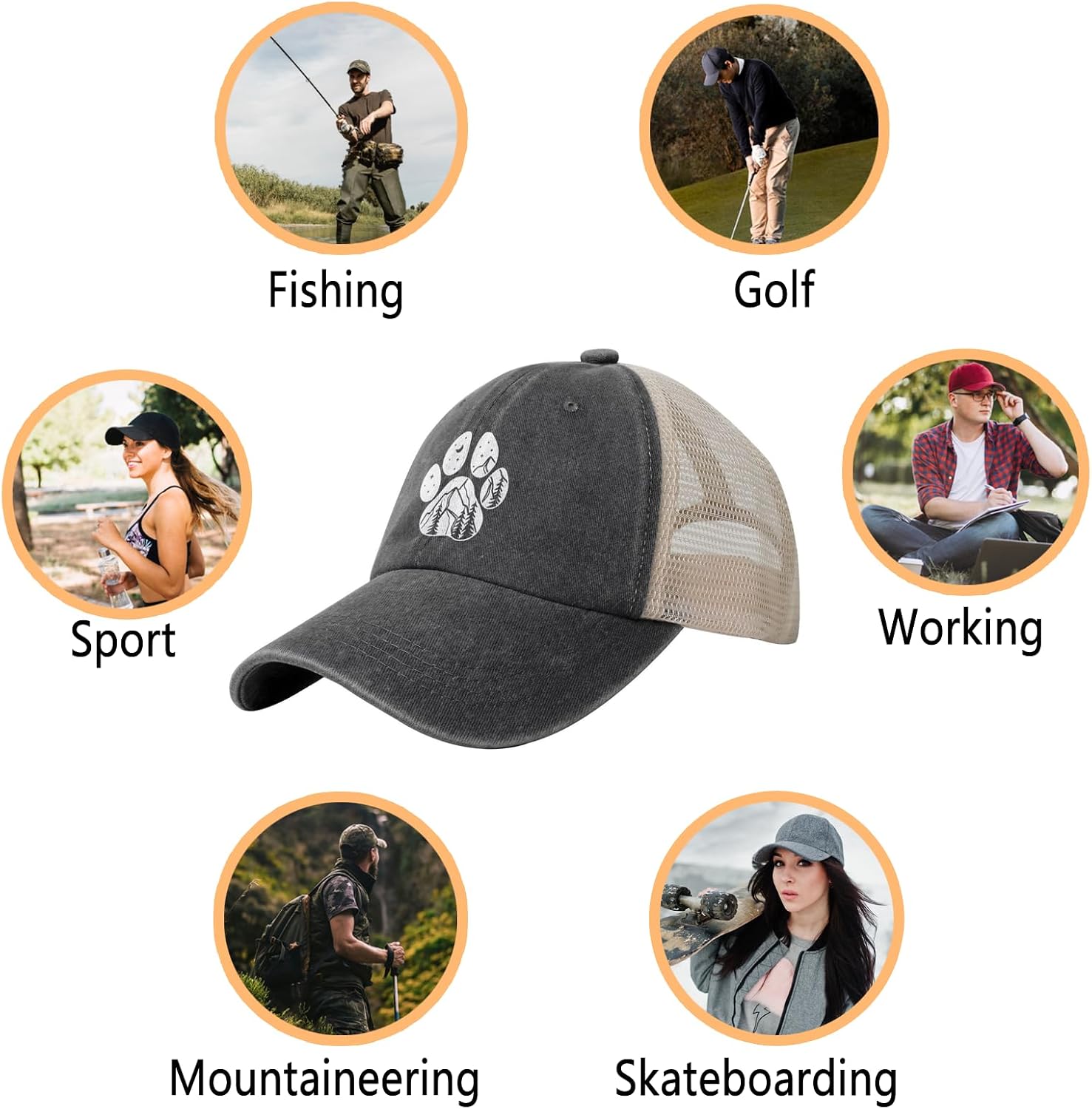 Dog Paw Mountain Trucker Hat Black - Adjustable Vintage Washed Baseball Cap - Breathable Mesh Side - for Men Women