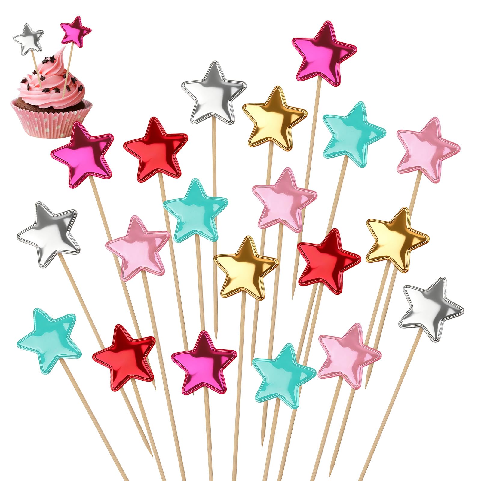 30Pcs Colorful Star Cupcake Toppers, Star Birthday Toppers Sticks for Cakes
