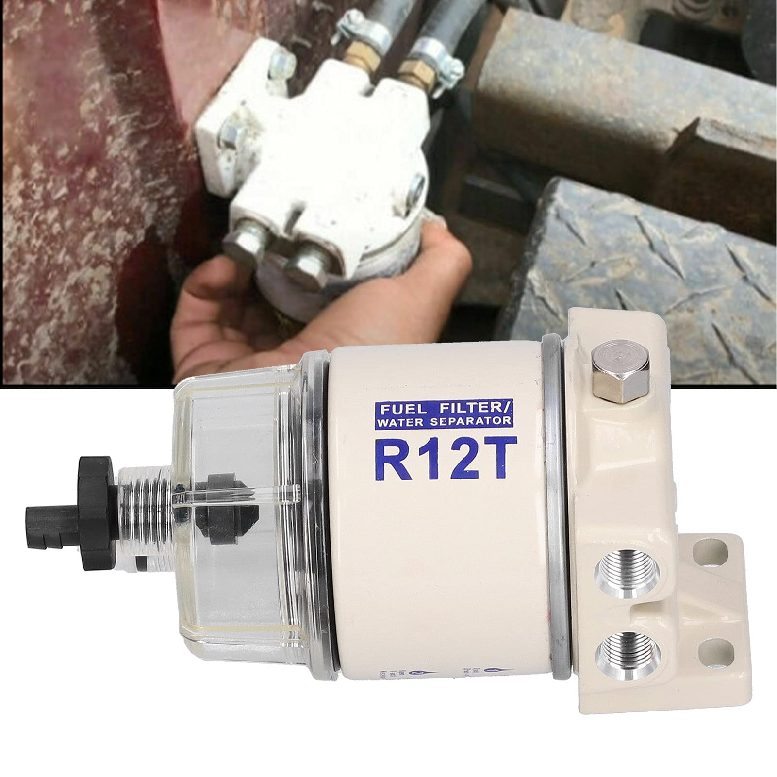 Aramox Separador de Agua del Filtro de Combustible Marino, 30GPH Tasa de Flujo, con Drenaje de Autoventilación, Reemplazo R12T, Giratorio