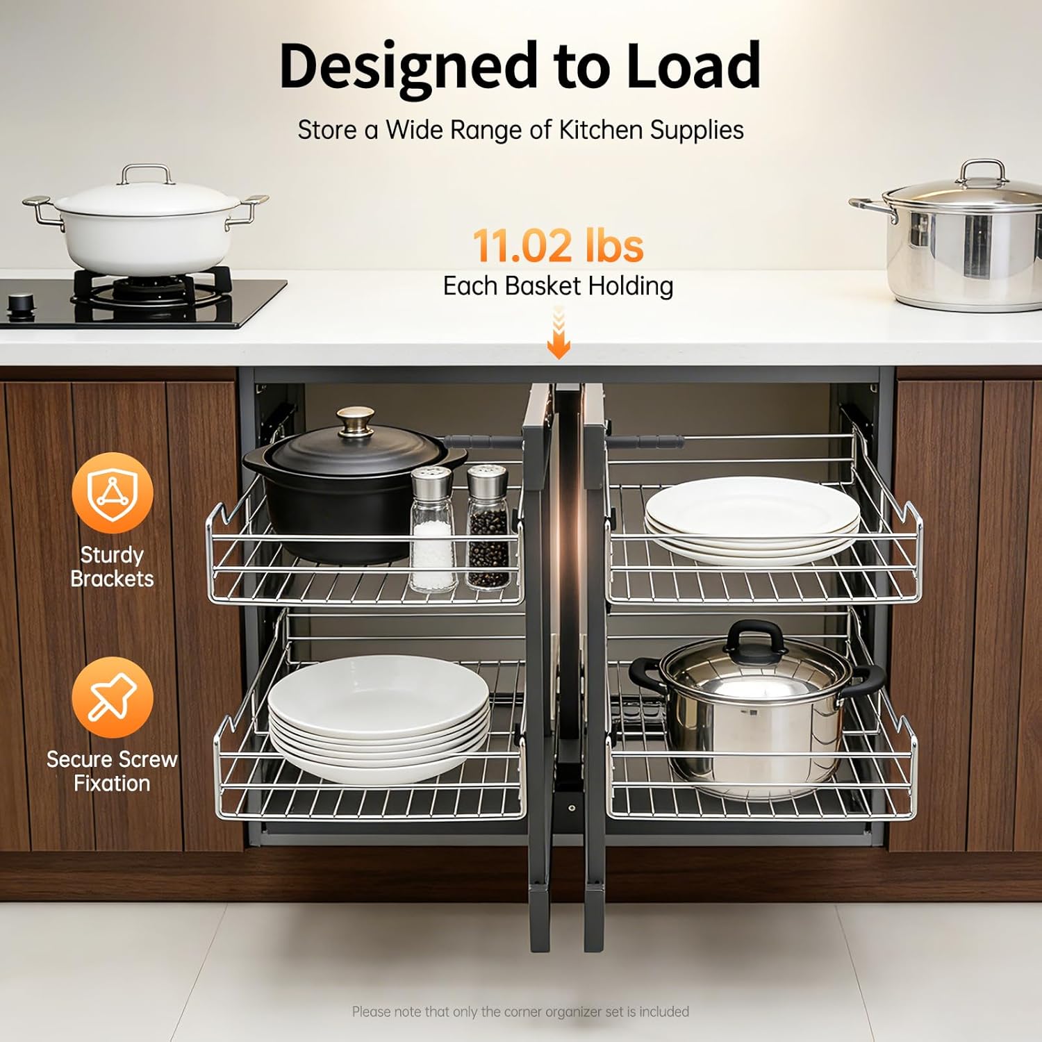 Blind Corner Pull-Out Organizer 2-Tier Heavy Duty Kitchen Cabinet Storage Drawer, 4 Baskets with Adjustable Height, Soft Close Rails, for Left/Right Opening Corner Cabinets