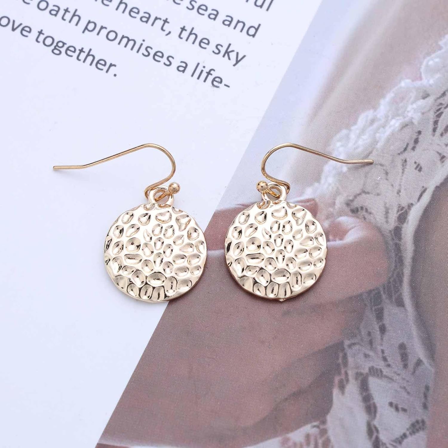 Boho Hammered Disc Dangle Earrings Minimalist Disc Coin Earrings Gold Round Disc Earrings Textured Disc Drop Earrings Geometric Earrings Jewelry for Women - Image 3