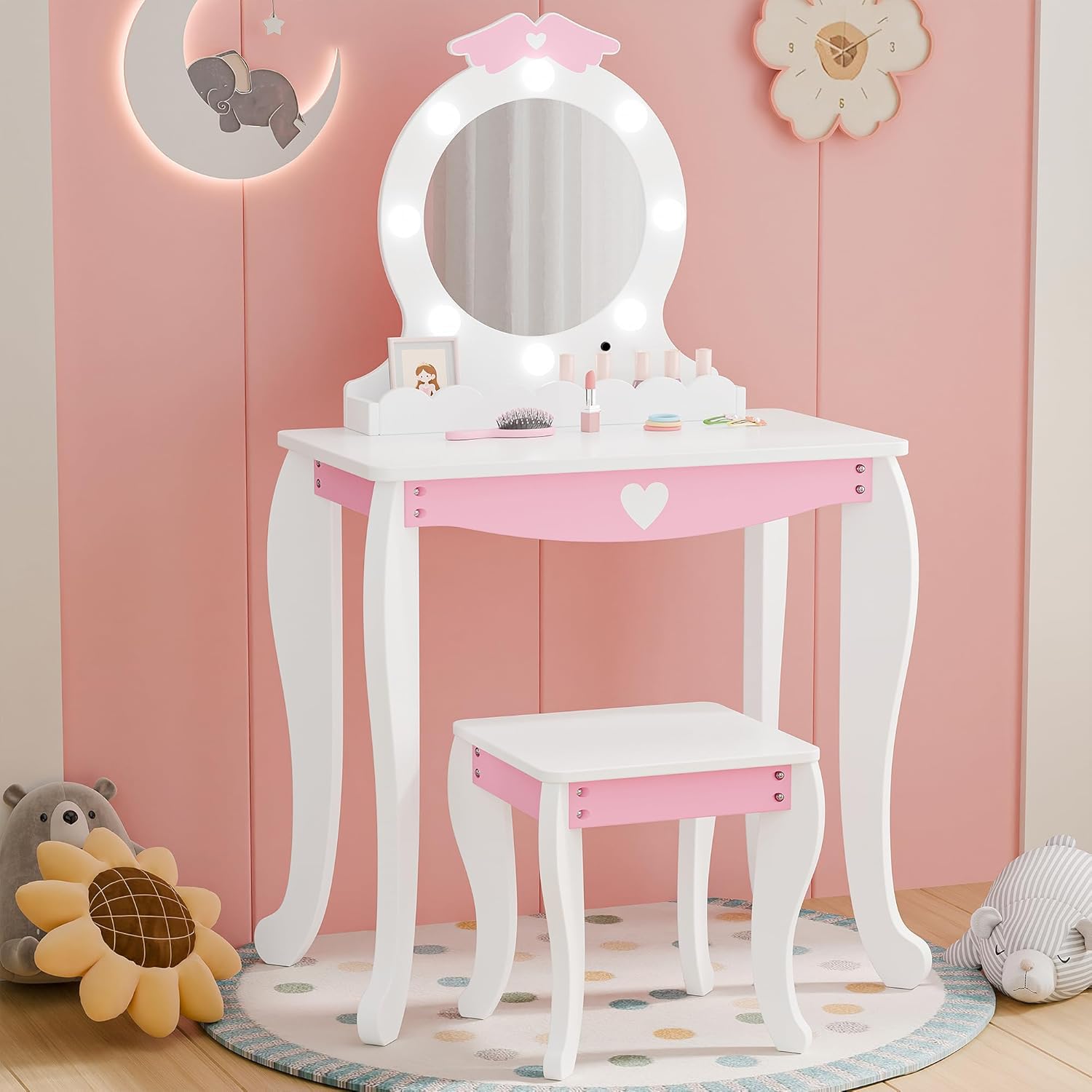 MU Kids Vanity Set with Lighted Mirror and Stool, Kids Make Up Vanity Desk with Storage Space, Wing Pattern for Little Girls, Toddler Princess Makeup