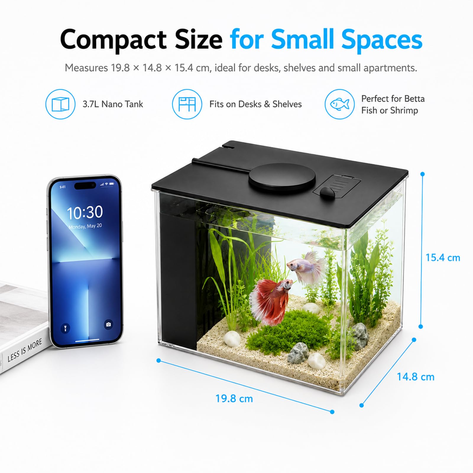 Piccolo acquario Betta da 3,7 l, set completo, mini acquario in acrilico con pompa filtro, illuminazione a LED, ideale per piccoli pesci, gamberetti e piante (nero)