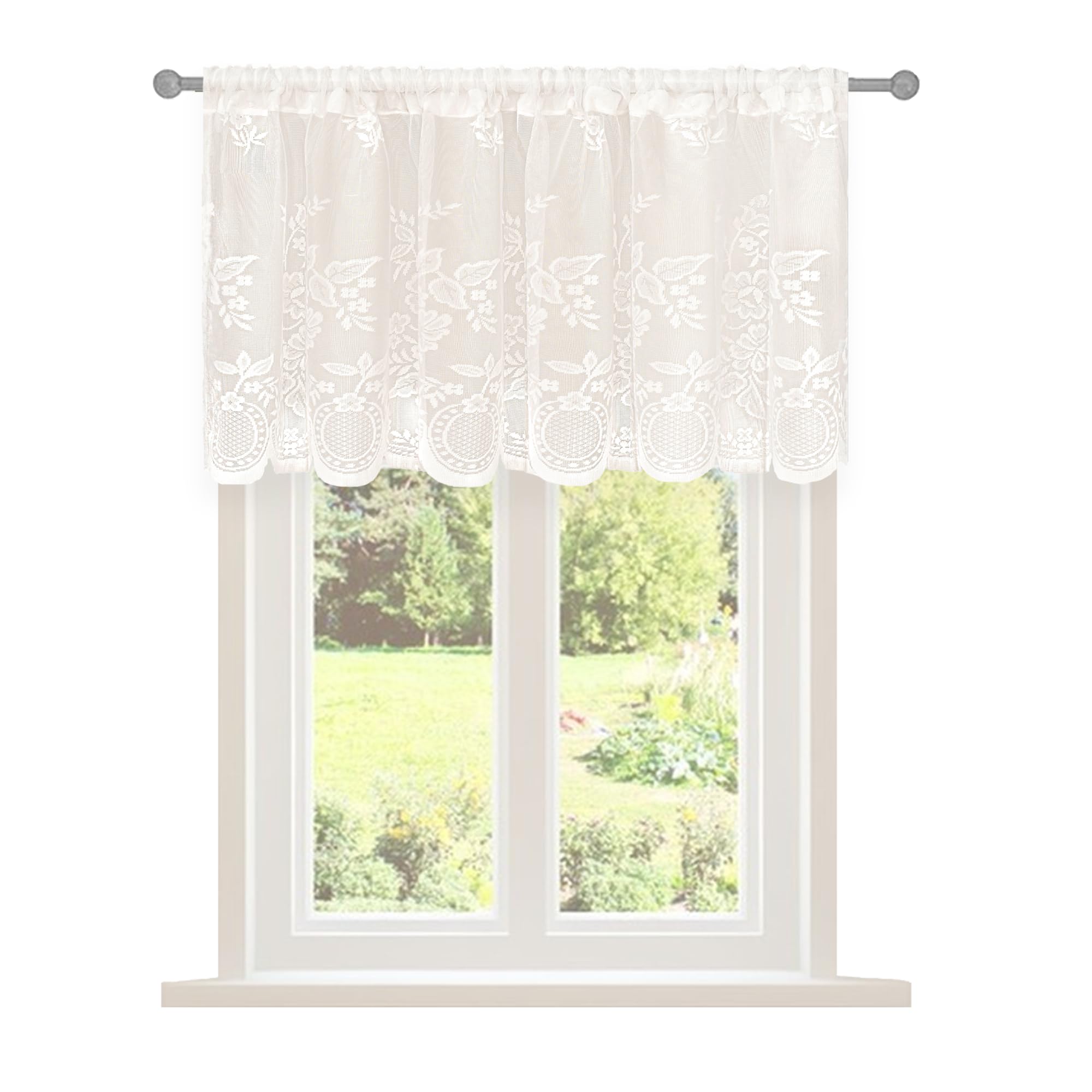 Jayla White Lace Sheer Kitchen Valance Curtains for Windows 18 Inch Length Vintage Floral Embroidered Small Bathroom Curtain Rod Pocket Farmhouse, 51