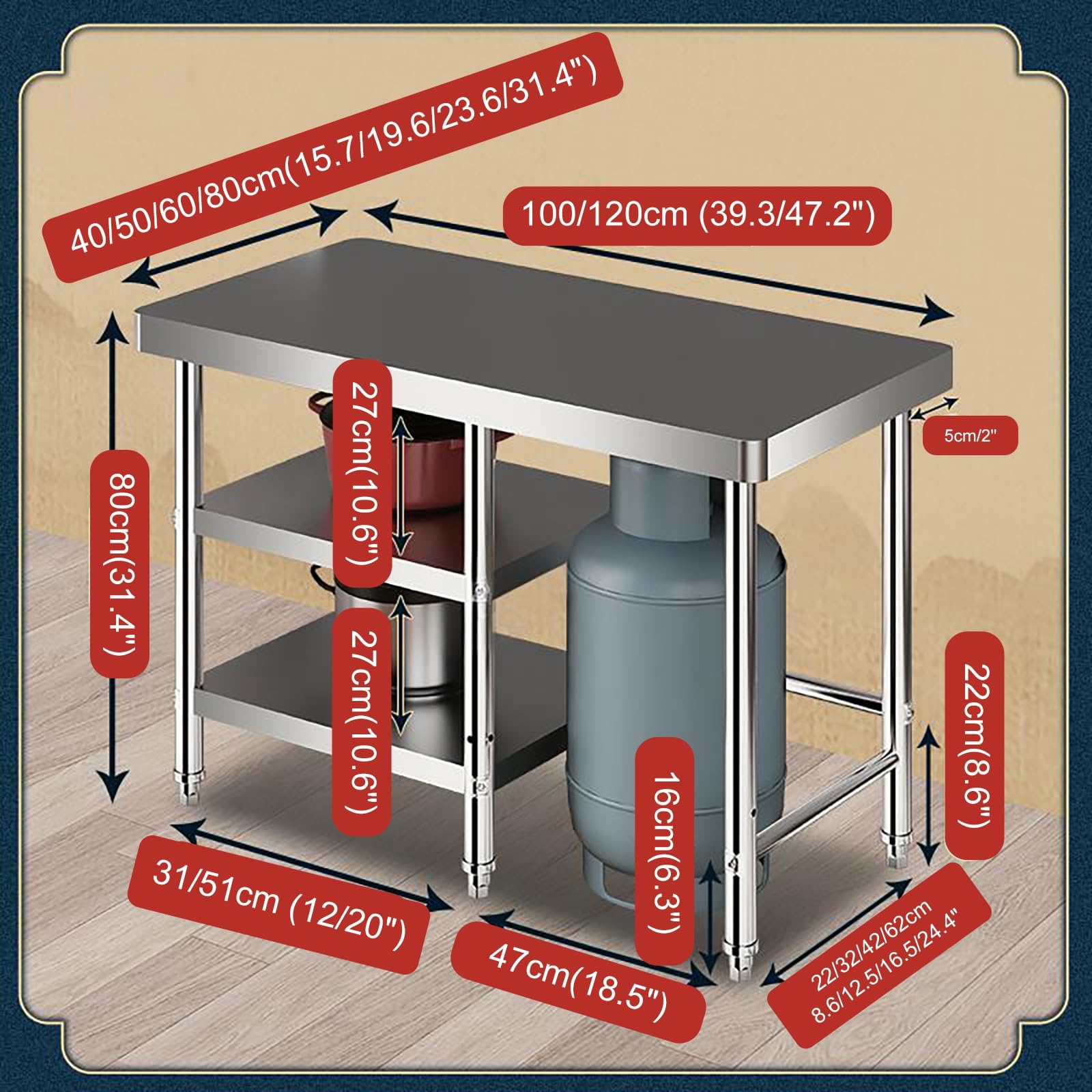 Tavolo da lavoro per catering, in acciaio inox, resistente, per uso commerciale, con piedini regolabili, ideale per ristoranti, garage e servizi alimentari (120 x 60 cm)