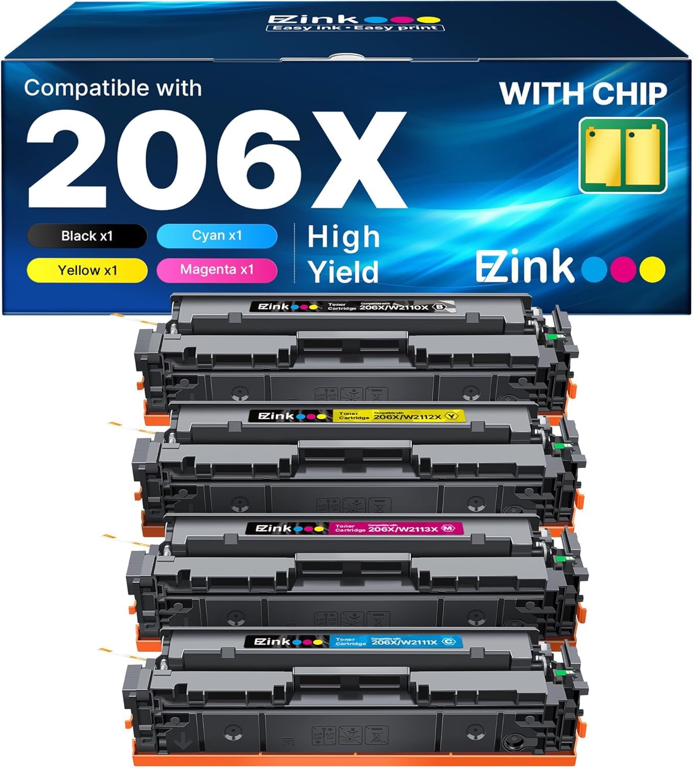 E-Z Ink 206X Toner Cartridges 4 Pack for HP M283fdw M283cdw M255dw | 206X high yield toner cartridges 4 pack with chip for HP Color LaserJet Pro M283fdw M283cdw M255dw and M255nw
