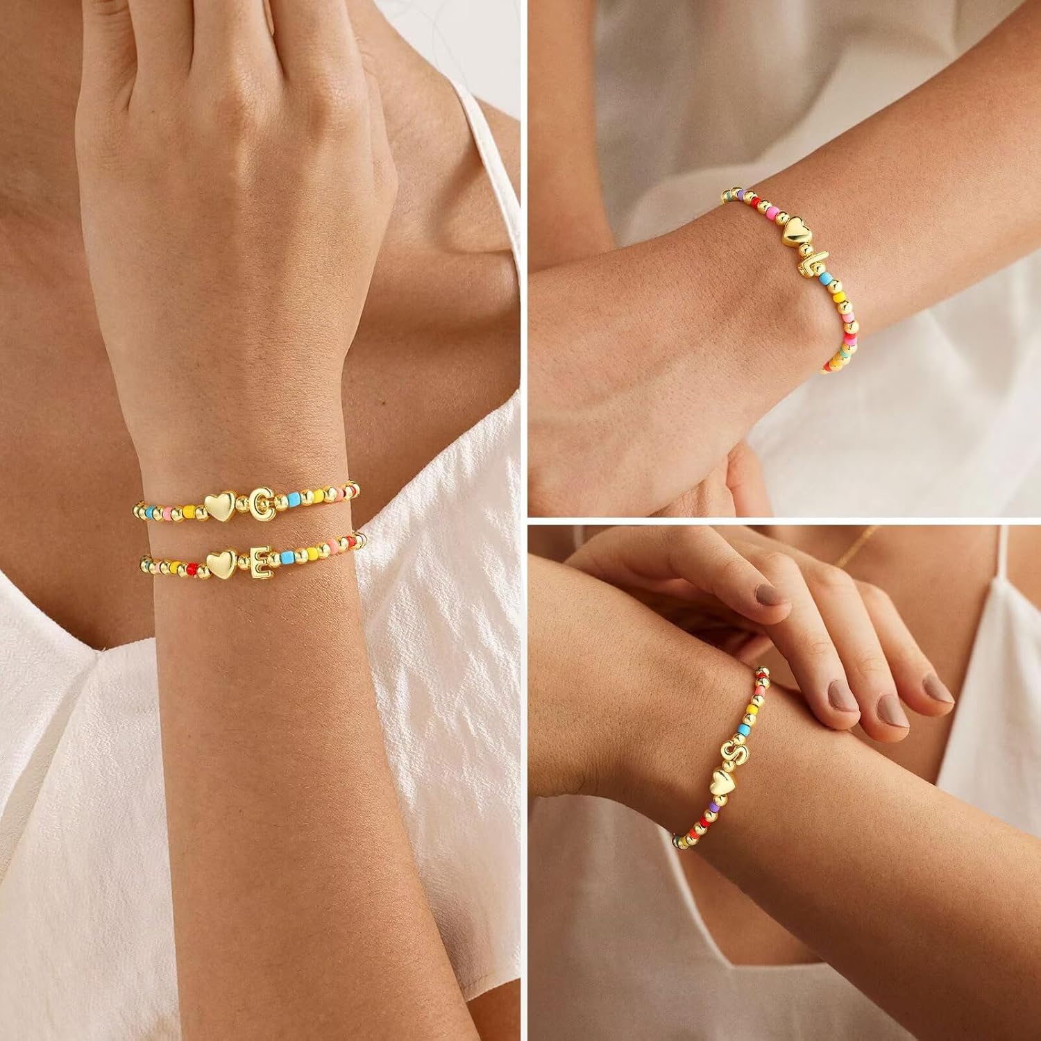 Turandoss Colorful Initial Bracelets for Girls Women, Cute Heart Initial Bracelets for Kids Stretch Beaded Letter Bracelet Jewelry Birthday Gifts for Teen Girls
