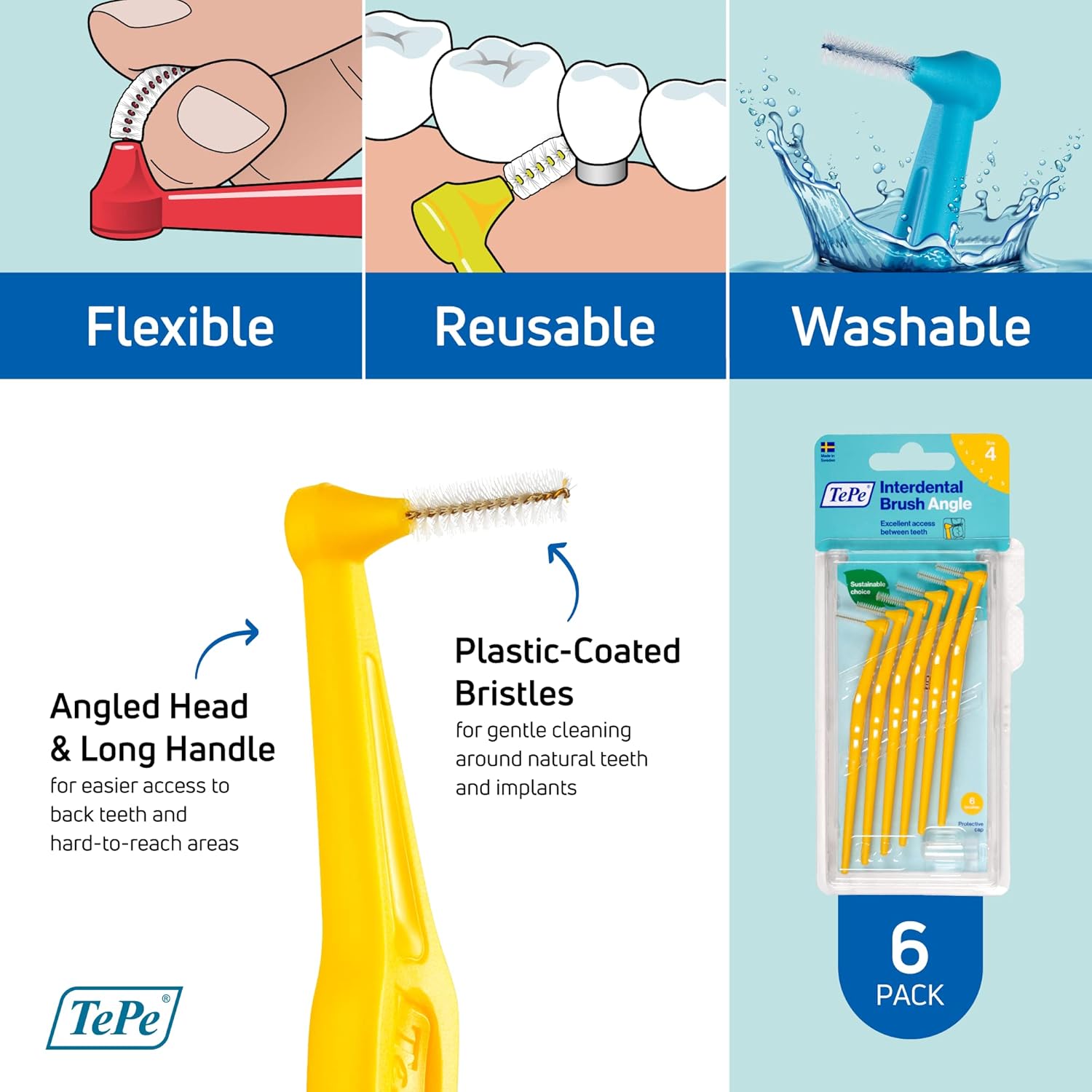 TEPE Interdental Brush Angle, Angled Dental Brush for Teeth Cleaning, Pack of 6, 0.7 mm, Medium Gaps, Yellow, Size 4 : Health & Household