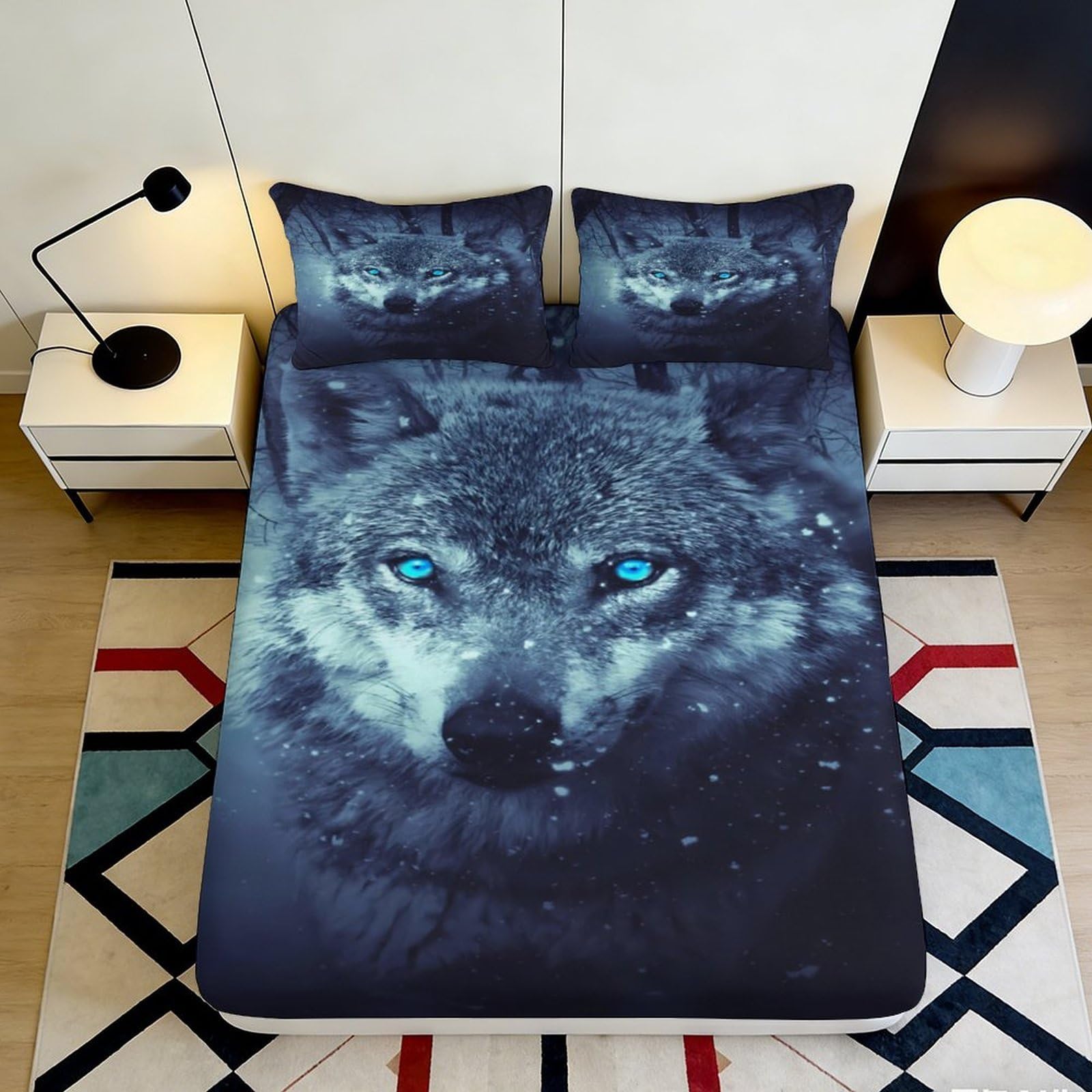 3D Printed Wolf Pattern Fitted Sheet Microfiber Deep Pocket Non-Slip Bedroom Wolf Mattress Fitted Cover 140x200x25cm