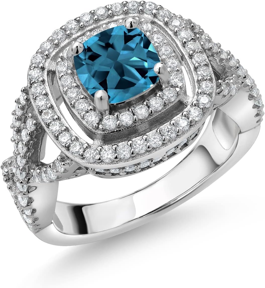 Gem Stone King Double Halo Engagement Ring For Women | Wedding Anniversary Promise Ring | 925 Sterling Silver | 6MM Cushion Gemstone Birthstone and White Moissanite | Available In Size 5, 6, 7, 8, 9