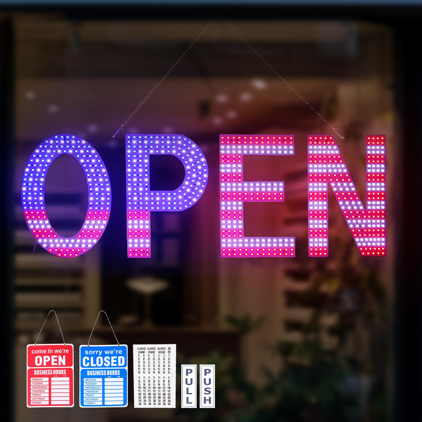 LED Open Signs for Business, 48" x 17" Large Open Sign LED with 3 Scene Modes, Ultra Bright Adjustable Light Up Sign for Storefront Window Glass Door Shop Store Bar Cafes Restaurant (US Flag)