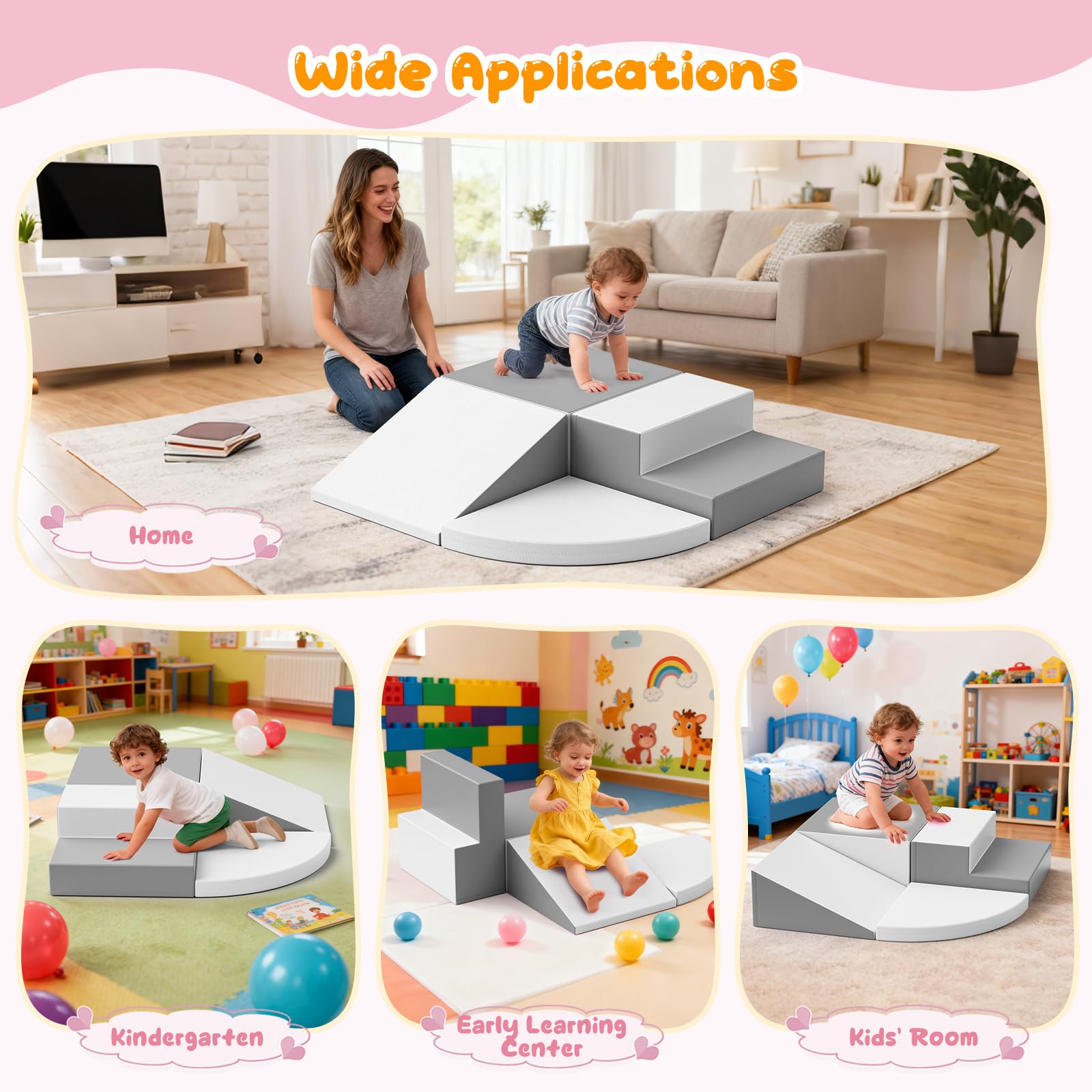 Bloques de Juego de Escalada de Espuma de 4 Piezas, combinables con Cierre de, Juguete Educativo para el Desarrollo de Interiores y guarderías (Gris y Blanco)