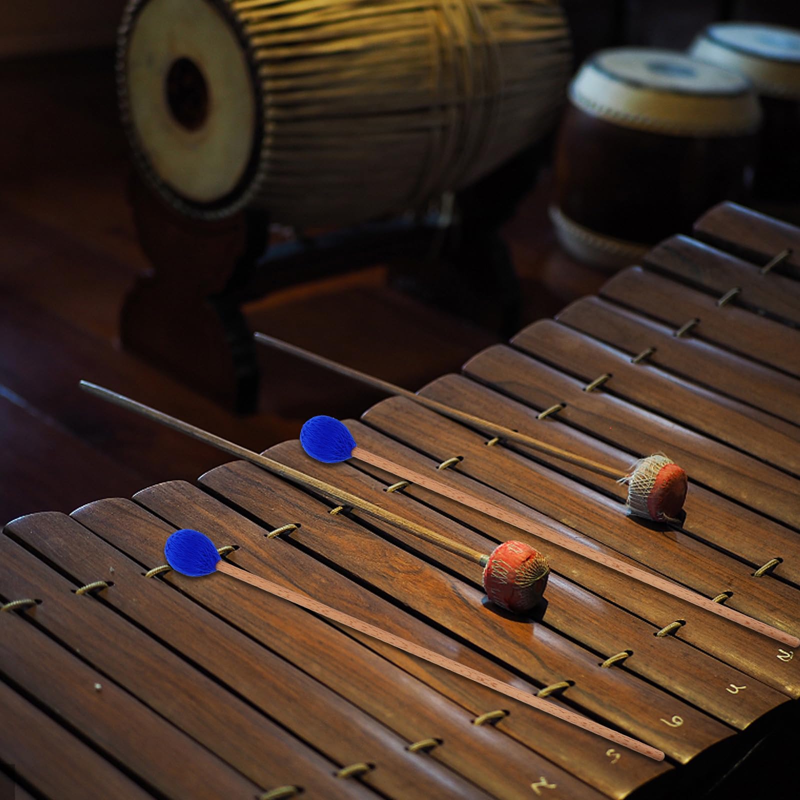 4 Marimba-Schlägel: Garn-Xylophon-Schlägel – Blauer Kopf, Holzgriff, Schlagstockhammer für Marimba, Xylophon und Glockenspiel