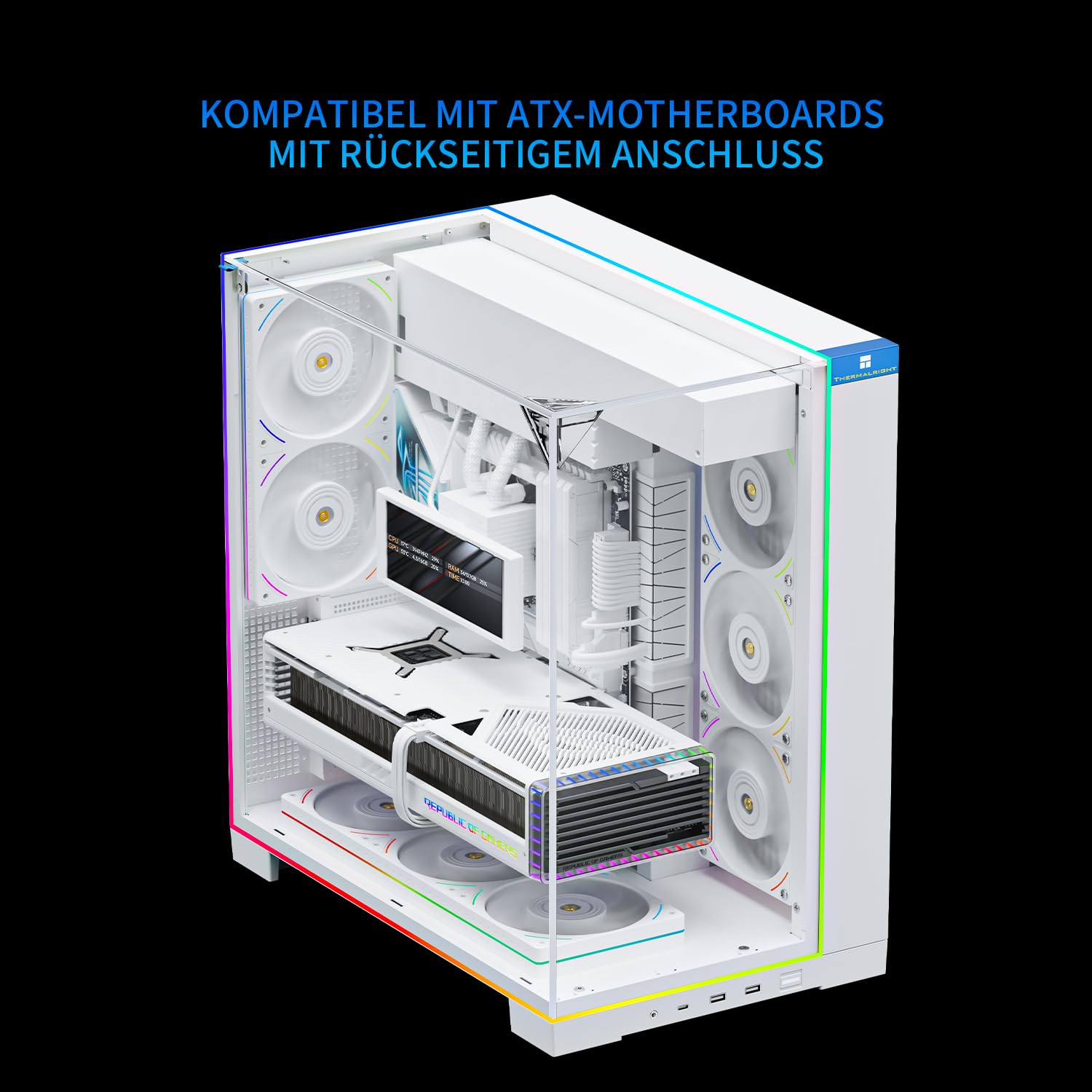 Thermalright TR A70 ARGB Bianco ATX Gaming Case Vetro senza colonne a tre lati 8 slot per ventola CPU + flusso d'aria a rilascio rapido montaggio della scheda grafica verticale anti-appannamento
