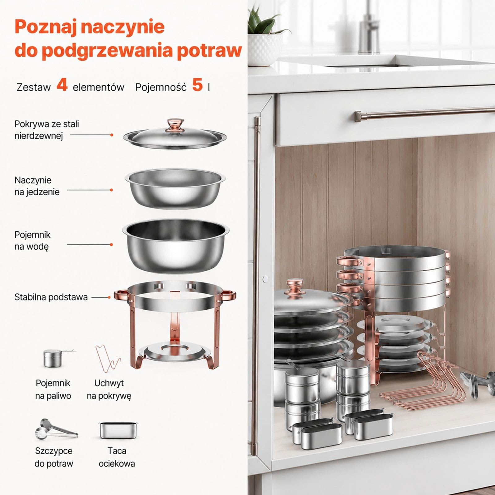 Zestaw naczyń do podgrzewania, 4 szt, 4,7 l, okrągła stal nierdzewna, różowe złoto, do bufetu i cateringu
