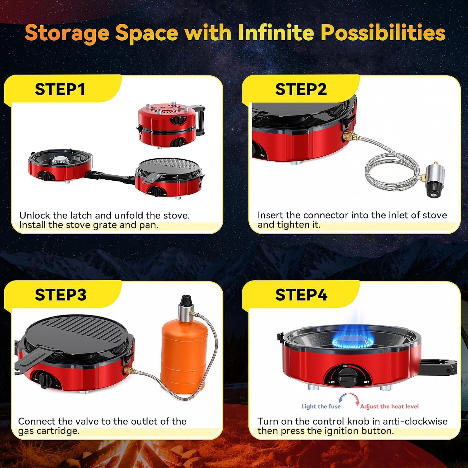 2 Burner Propane Camping Stove with Windshield 20000 BTU Piezo Ignition