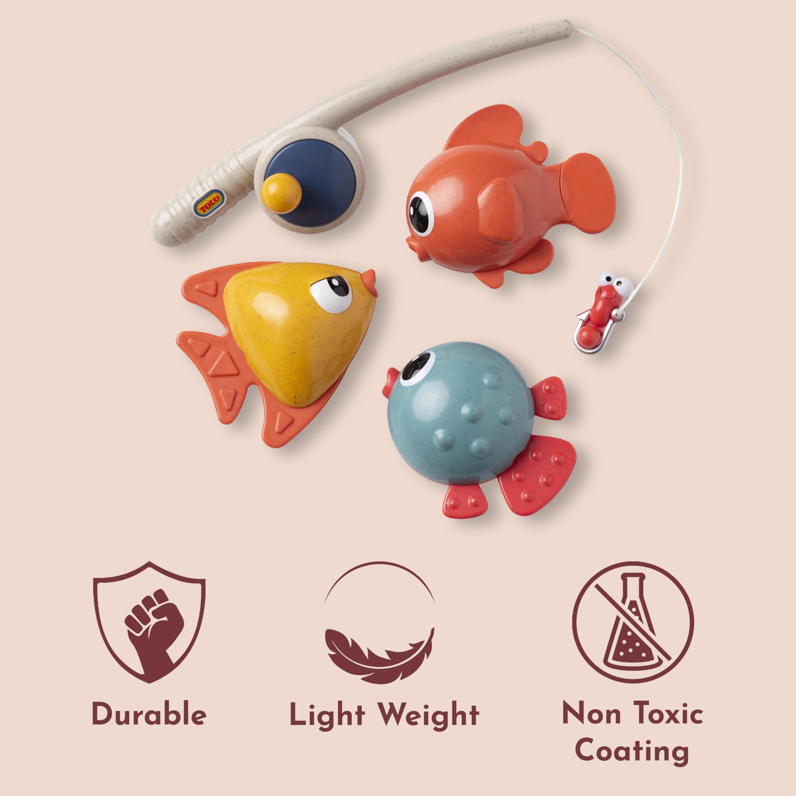 Tolo Bio Funtime Fishing Set | Eco-Friendly Bath Toy for Toddlers | Magnetic Fishing Rod, 3 Bubble-Blowing Fish, Worm | Skill-Building Water Play | Durable, Safe, Sustainable Material