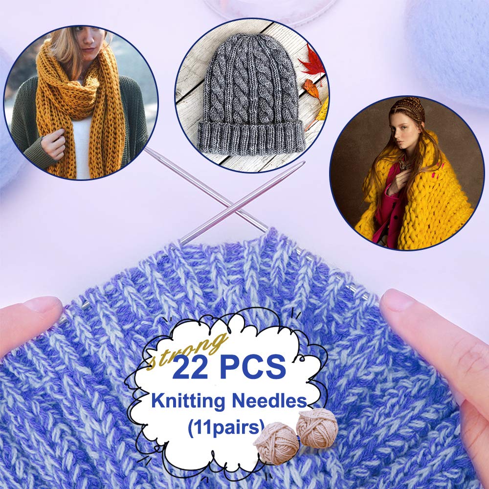 Lot De 11 Paires Aiguilles à Tricoter Circulaires En Acier Inoxydable - Kit Complet Avec Accessoires Pour Débutants