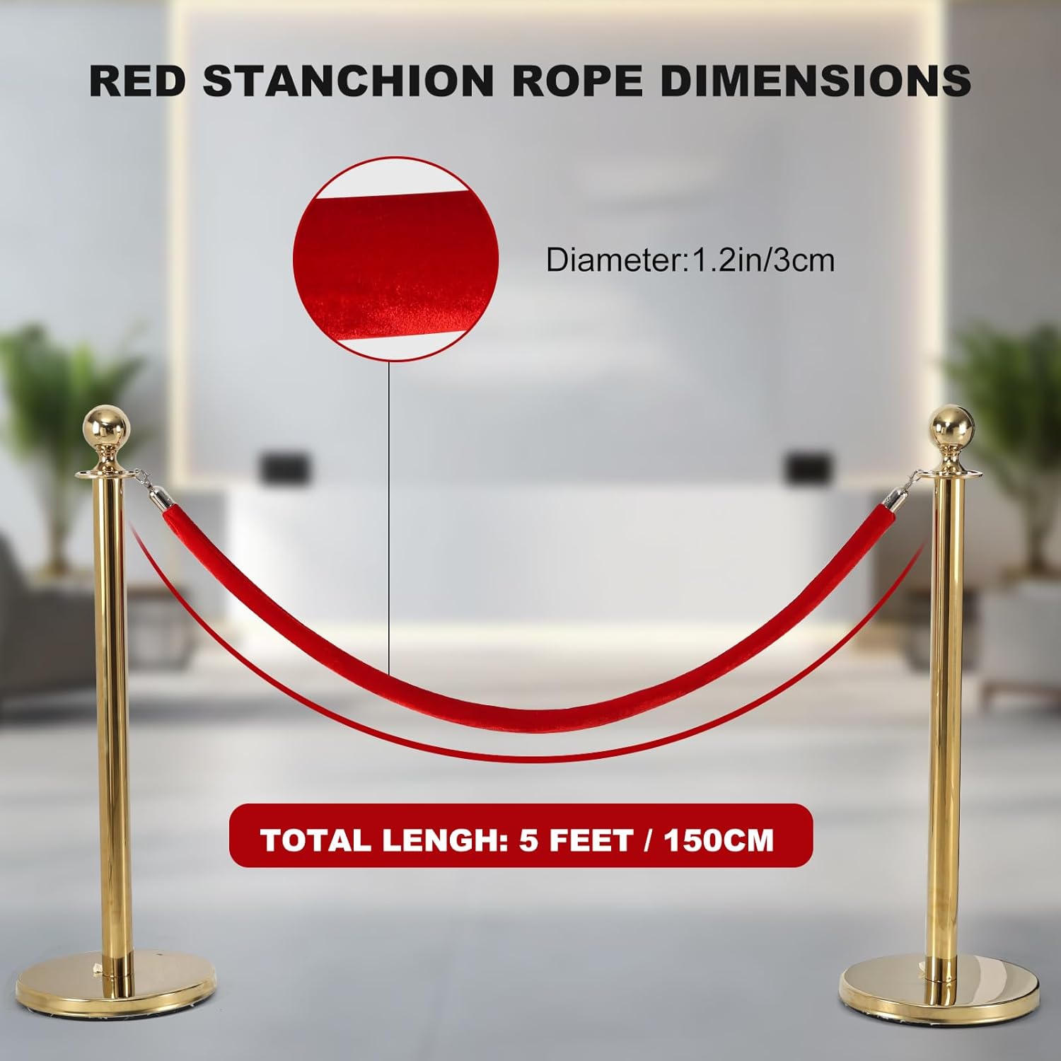 2 Pack Velvet Stanchion Rope, 5 Feet Crowd Control with Silver Clasps, Foam Core Queue Safety Barriers for Party Event and Red Carpet