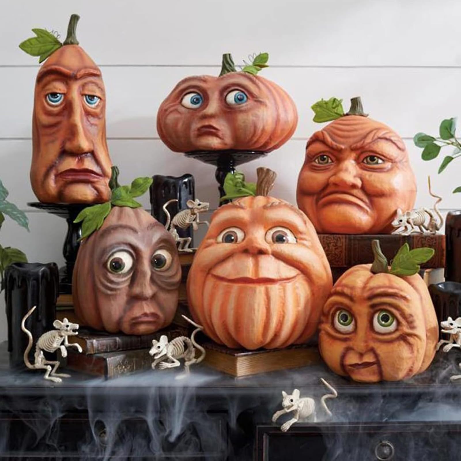 Glistenovelty Expressive Pumpkins Family - 7 Inch Carved Halloween Decorations with Faces, Assortment of 7​ (6 Pcs)