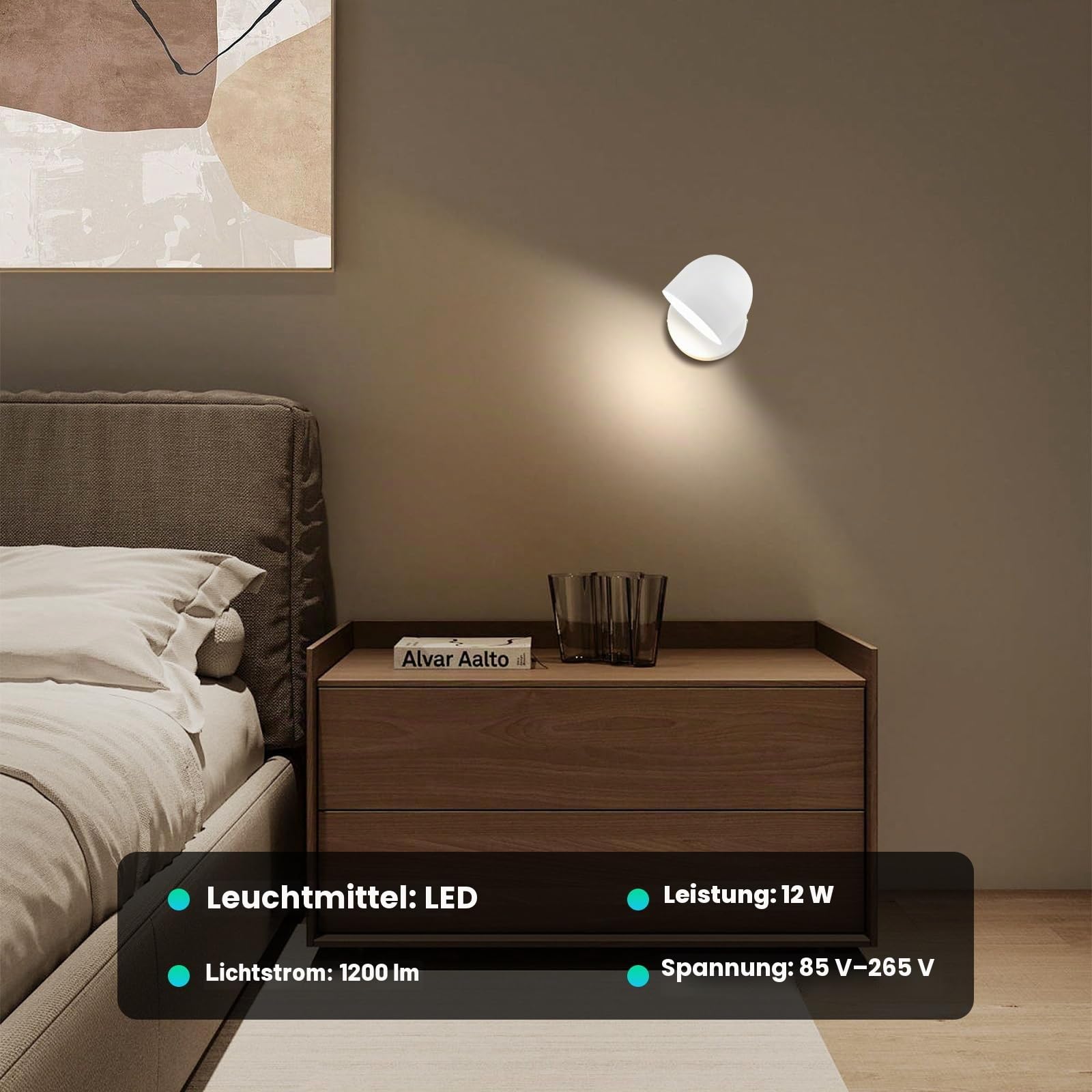12W LED Innen Wandleuchte Mit Stecker, Touch Control Wandlampe Dimmbar, 360° Drehbare Nachttischlampe, 3000k Warmweiß Einstellbar Leselicht Für Wohnzimmer, Schlafzimmer, Treppen, Flur, Büro,Weiß