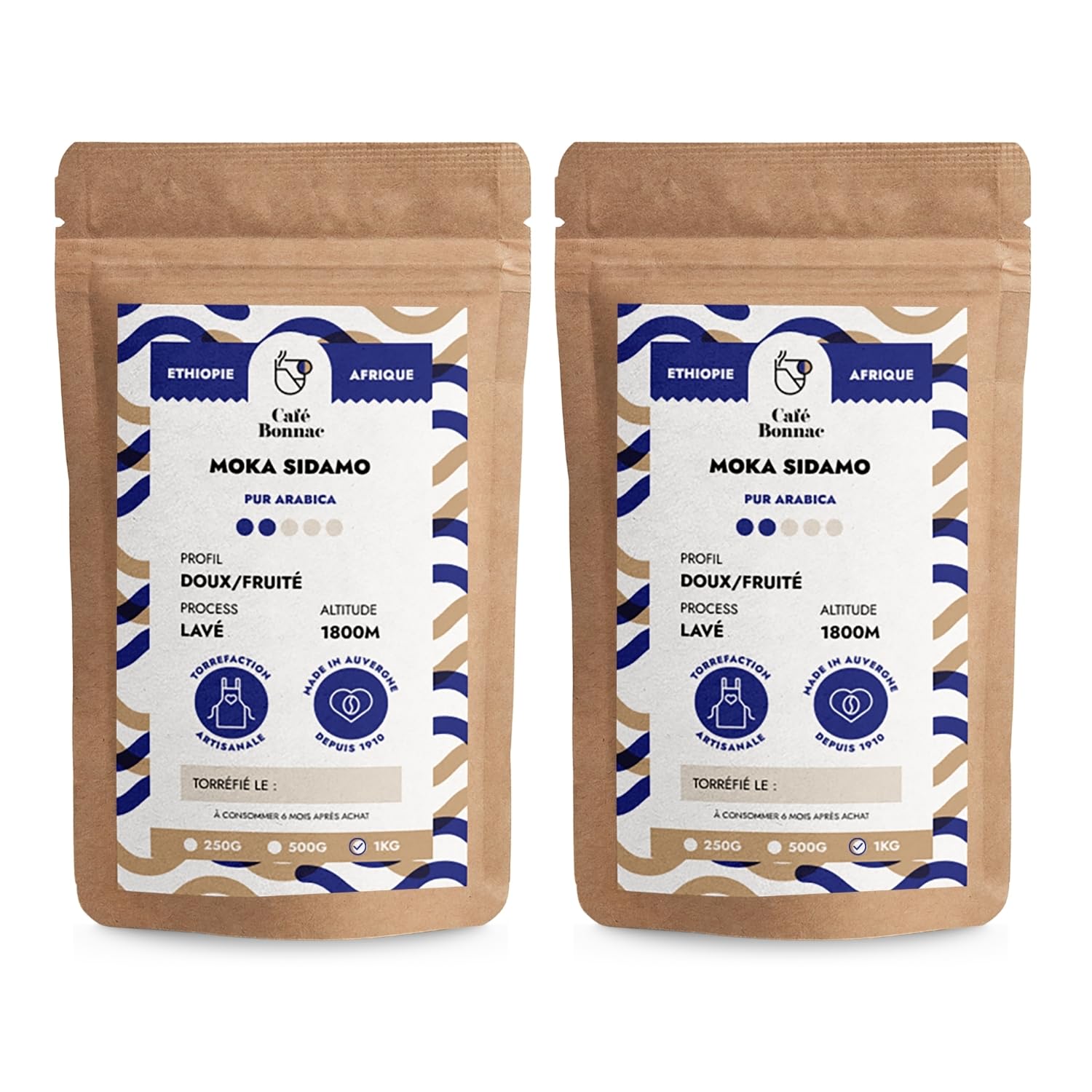 Café Bonnac – Lot de 2 × 1 kg | Café En Grain Moka Éthiopie Sidamo | 100% Arabica De Spécialité | Arômes Floraux Et Notes D’Agrumes | Torréfaction Artisanale Française | Idéal Machine À Café Grain