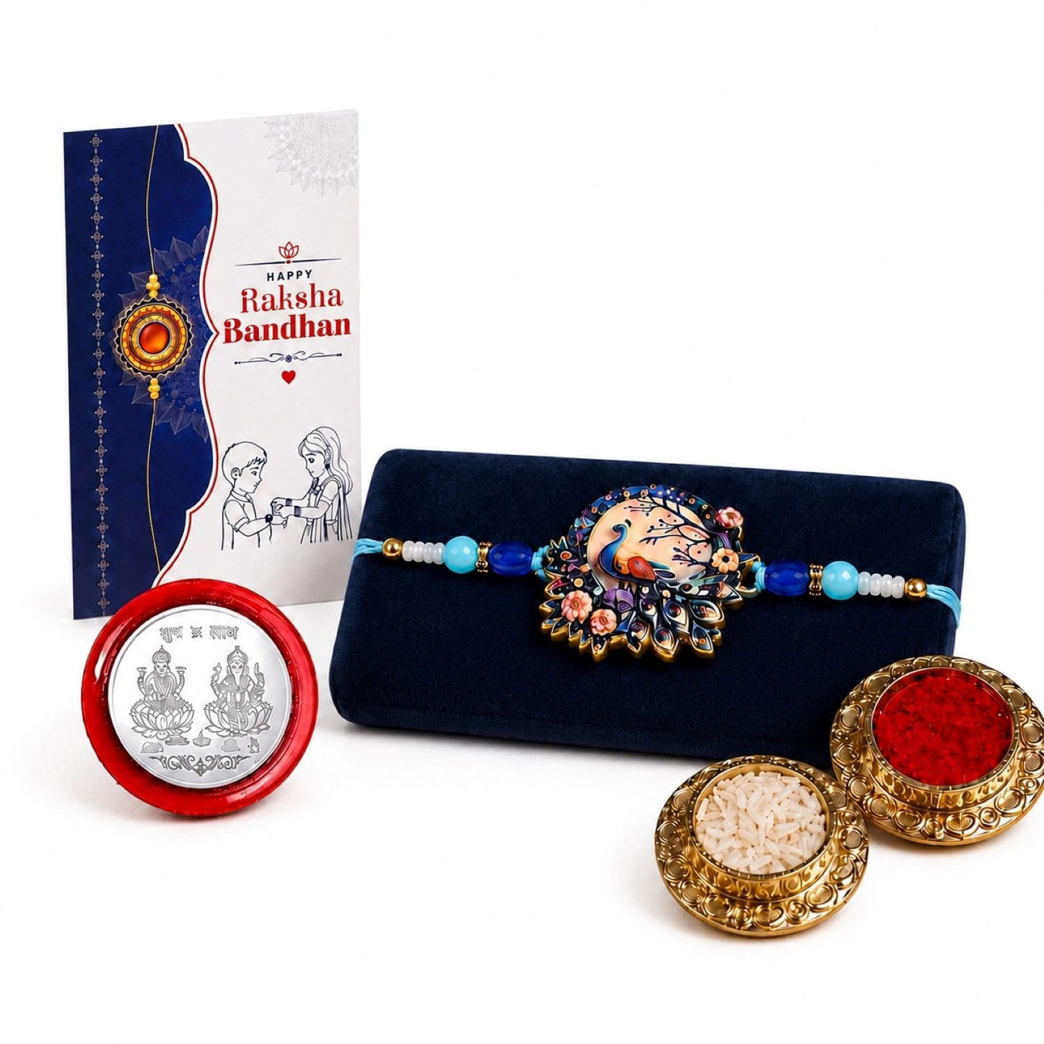 Rakhi for Brother – Stylish Rakhi for Brother with Silver Color Pooja Coin, Greeting Card & Tilak Set – Traditional Raksha Bandhan Combo Gift Pack for Bro (K1_1058)-image-44