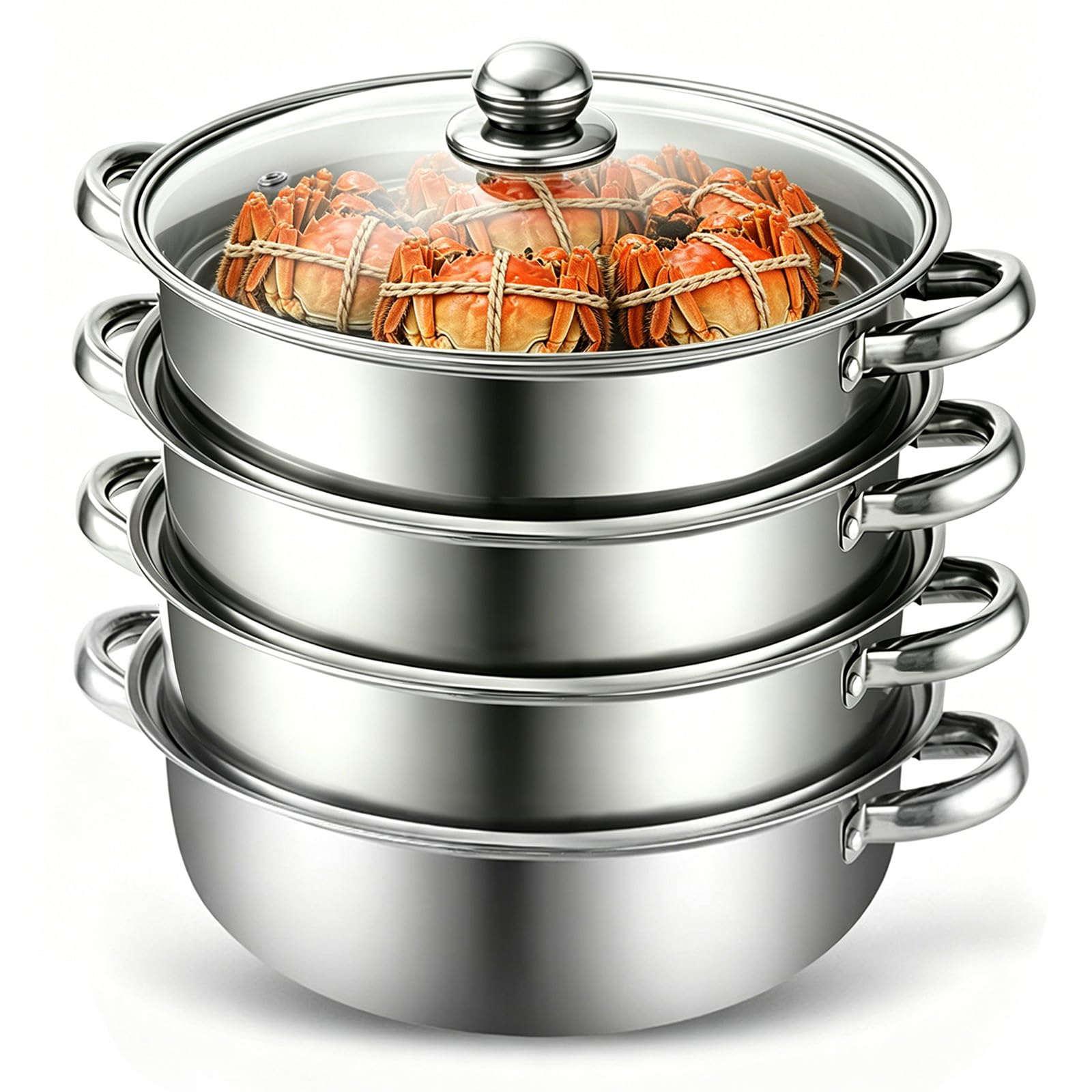 MeYuxg Pentola a vapore,28cm Vaporiera Acciaio Inox, con Inserto a Vapore e Coperchio in Vetro,pentole a 3/4 Vaporiera Pentola per cottura a vapore, zuppa, pasta, pesce (Quattro)