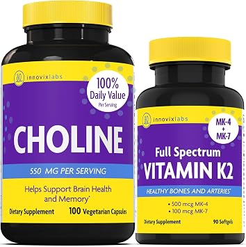 InnovixLabs Choline & Vitamin K2 Bundle Choline Bitartrate 550mg 100 Capsules Full Spectrum Vitamin K2 90 Softgels. Supports Memory, Mood, Brain Health & Boost Cognitive.*
