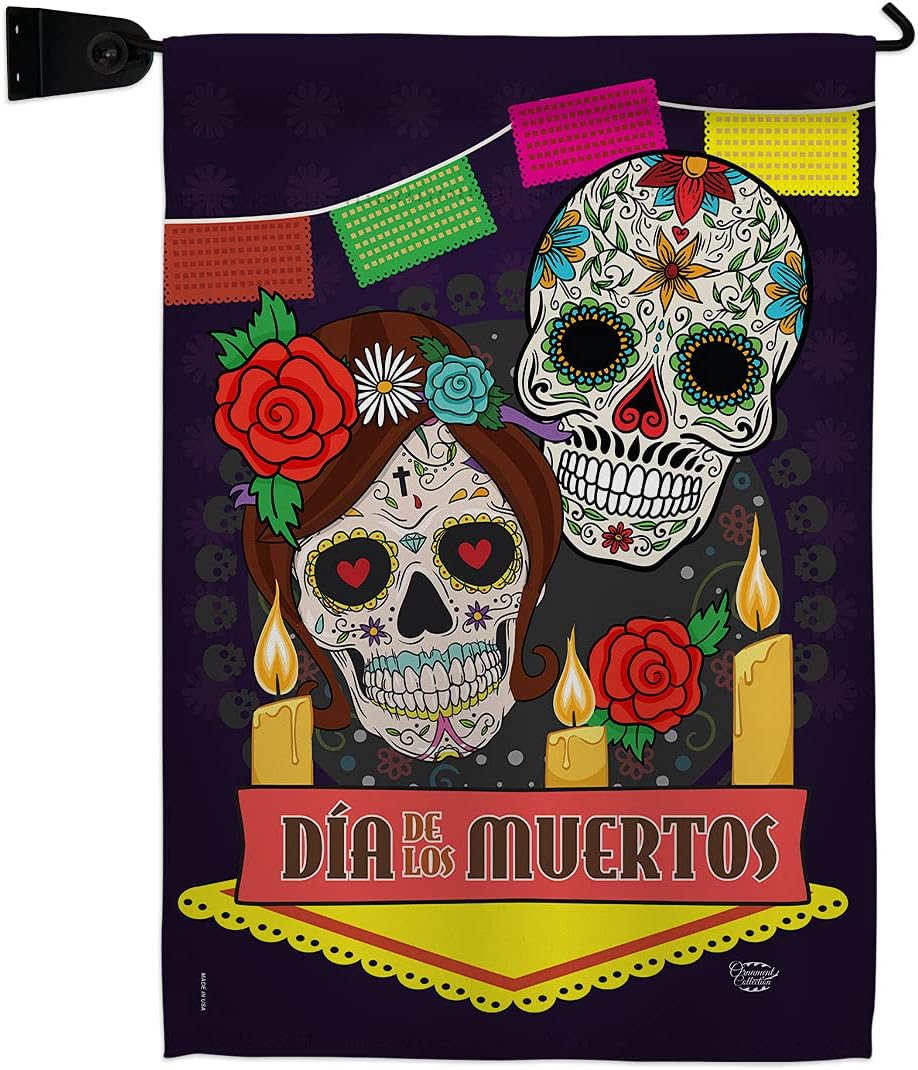 Dia de los Muertos Garden Flag Set Wall Holder Falltime Day of Dead Fiesta Mexican Party Autumntime Small Decorative Gift Yard House Banner Made In USA 13 X 18.5