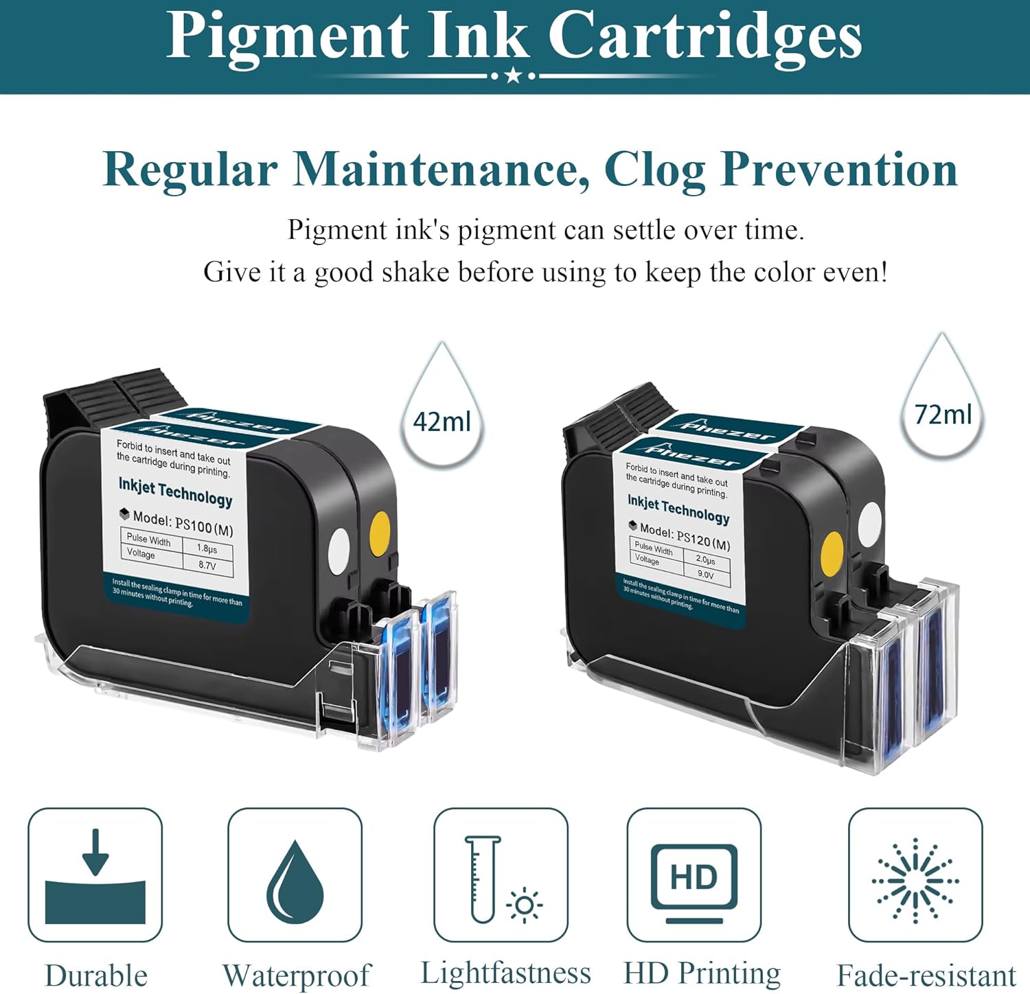 Phezer 0.5inch Automatic Online Inkjet Coding Machine Ink Cartridge Replacement PS100 with Chips, Fast-Dry Solvent Cartridge for Variable Data/Date/Logo/Barcode/Image Inkjet Printer, (for PW1 / PW2)