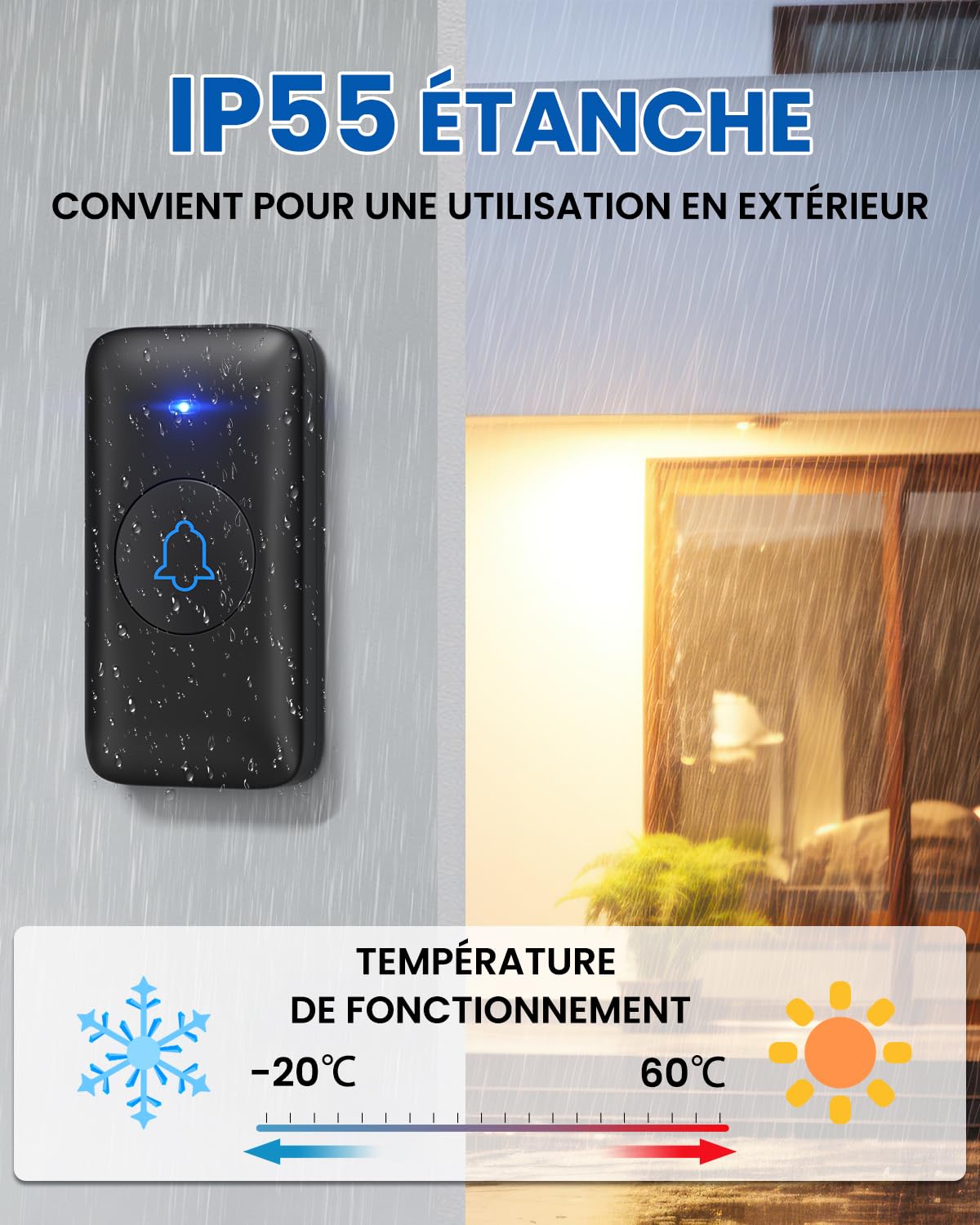 Sonnette Sans Fil, Kit Sonnette de Porte Sonnette Sans Fil Étanche IP55, Carillon de Porte Étanche à 150M Deux Emetteurs, avec 1 Récepteurs Enfichables, 40 Mélodies, 5 Niveaux de Volume