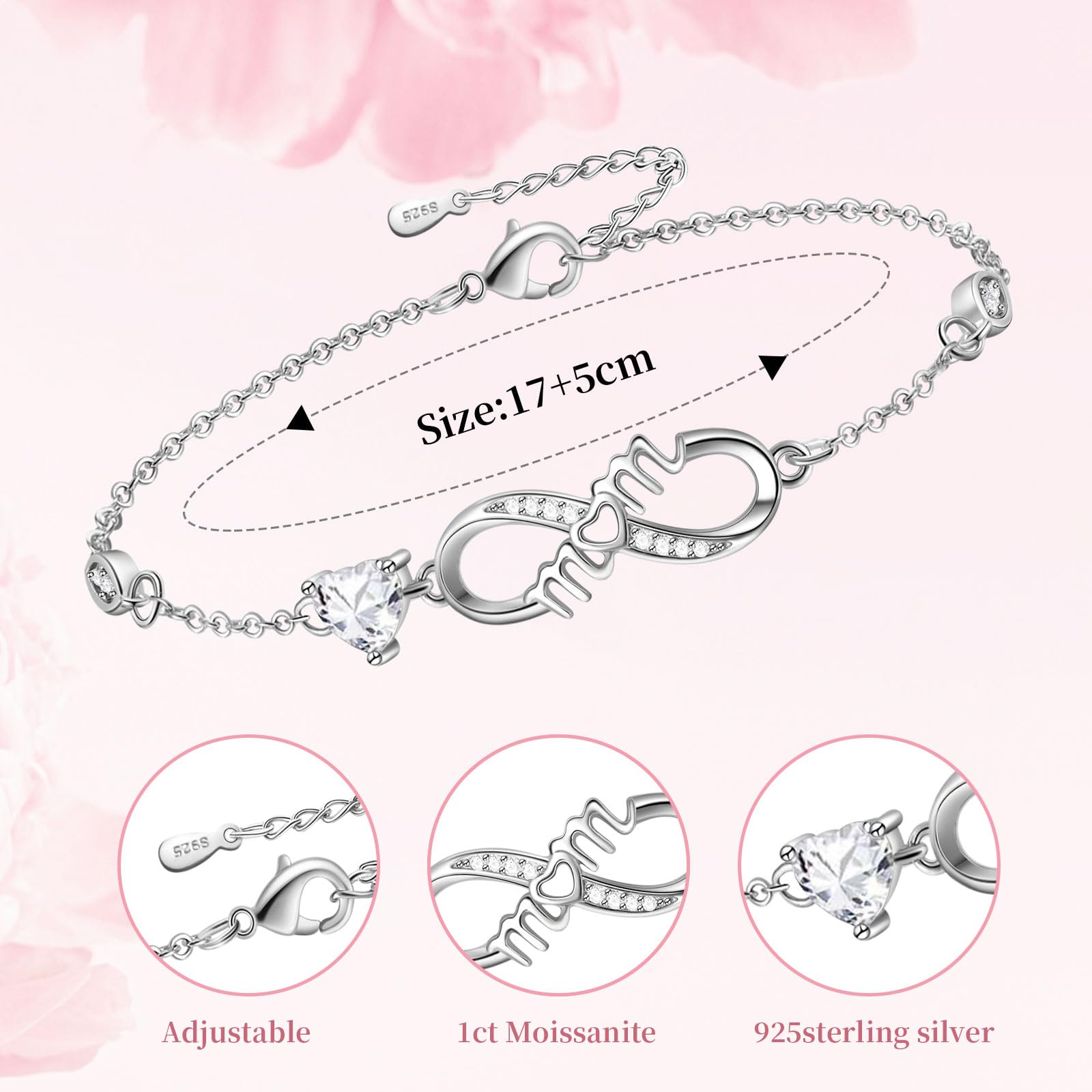 Tusuzik Bracciale Argento 925 Donna, Bracciale Infinito Donna Argento 925 con Cuore Zirconi Regolabile Bracciali Donna Gioielli Regalo per Mamma Amica Ragazza
