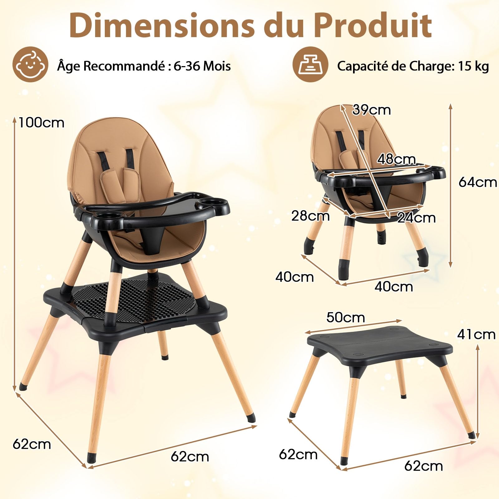 COSTWAY 6 en 1 Chaise Haute Bébé Evolutive, Table en Blocs Convertible, Harnais à 5 Points, Plateau Réglable Amovible, Chaise Haute Bebe en Bois, pour 6-36 Mois, Charge 15 kg, Café