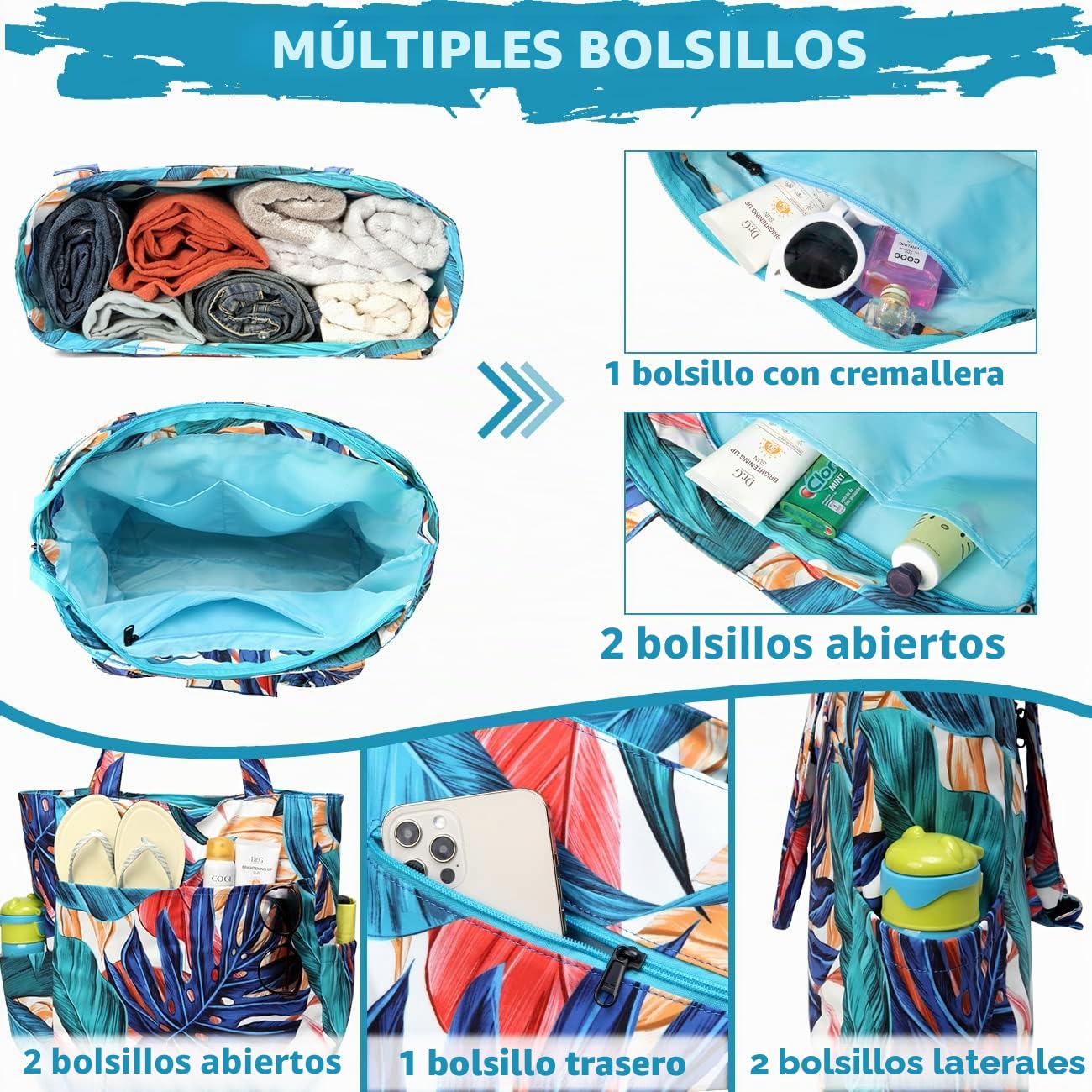 Bolso Playa Mujer, Bolsa Playa Grande XXL Familiar Bolsa de Viaje Impermeable Bolso de Mano Verano Plegable Bolso Shopper Beach Tote Bag para Playa/Viajes/Diario, Hoja Palma